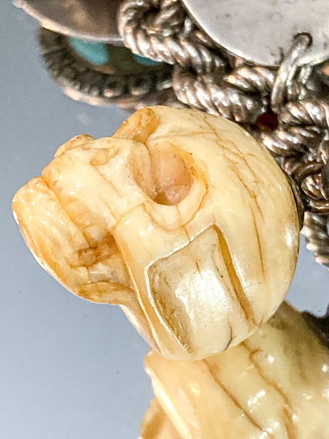 Vintage Sterling Silver Ivory Carved Skull Charm Bracelet