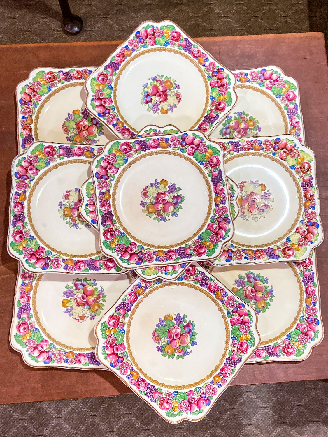 Set of Ten Vintage Crown Ducal Fruit and Flower Motif Square Florentine Dessert Salad Plates
