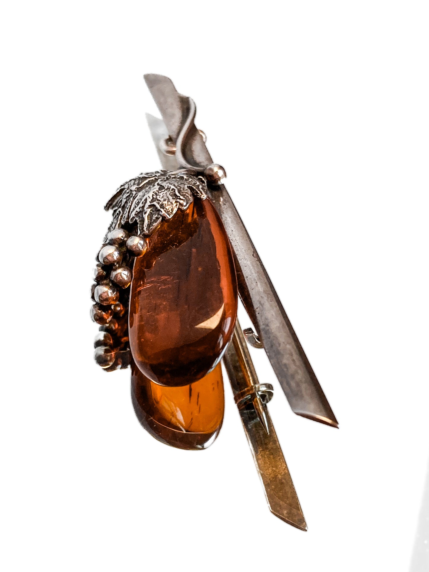 Vintage Sterling Silver Amber Drop Grapes Leaves Brooch Bar Pin
