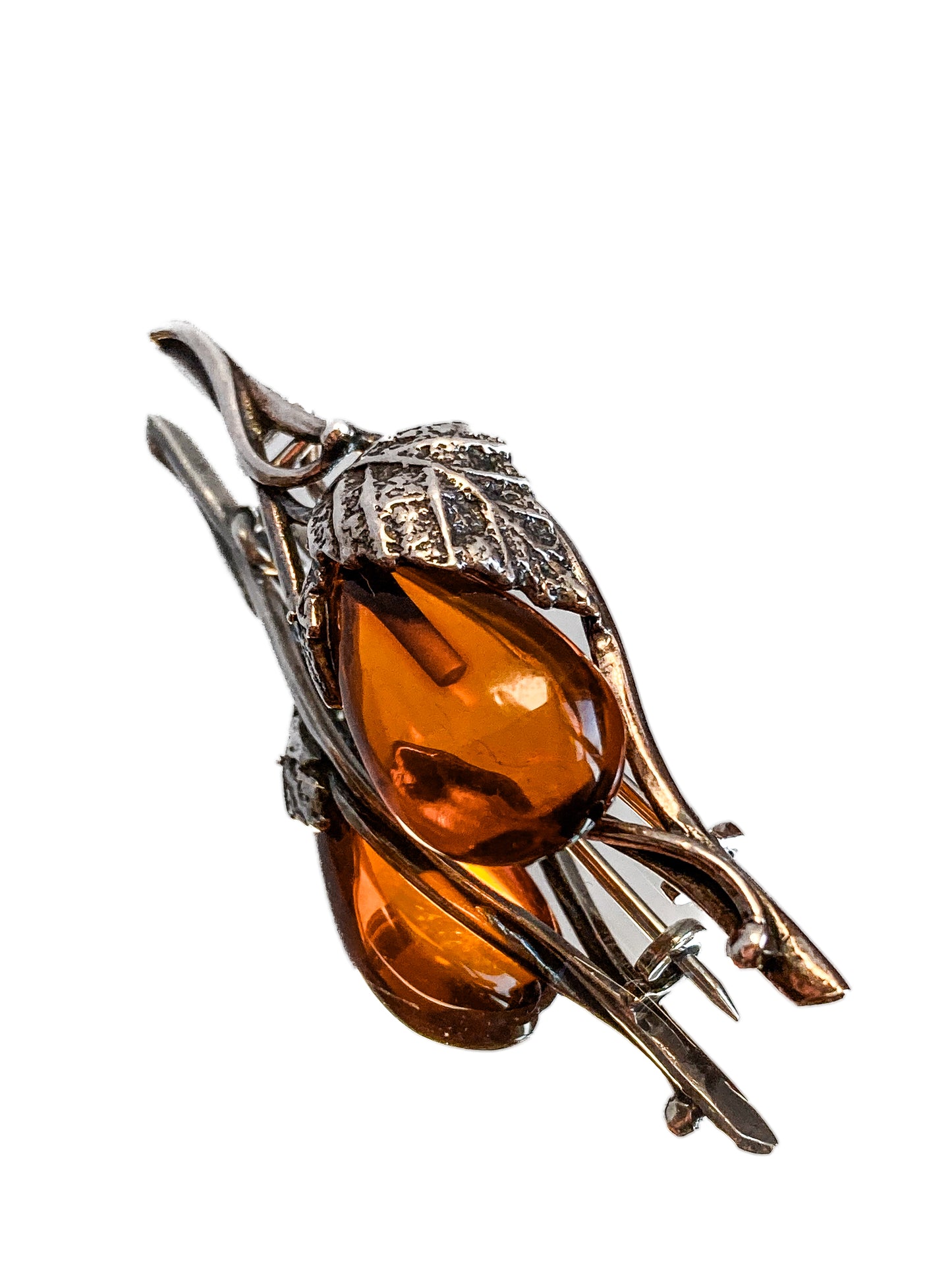 Vintage Sterling Silver Amber Drop Branch Fruit Leaves Brooch Bar Pin