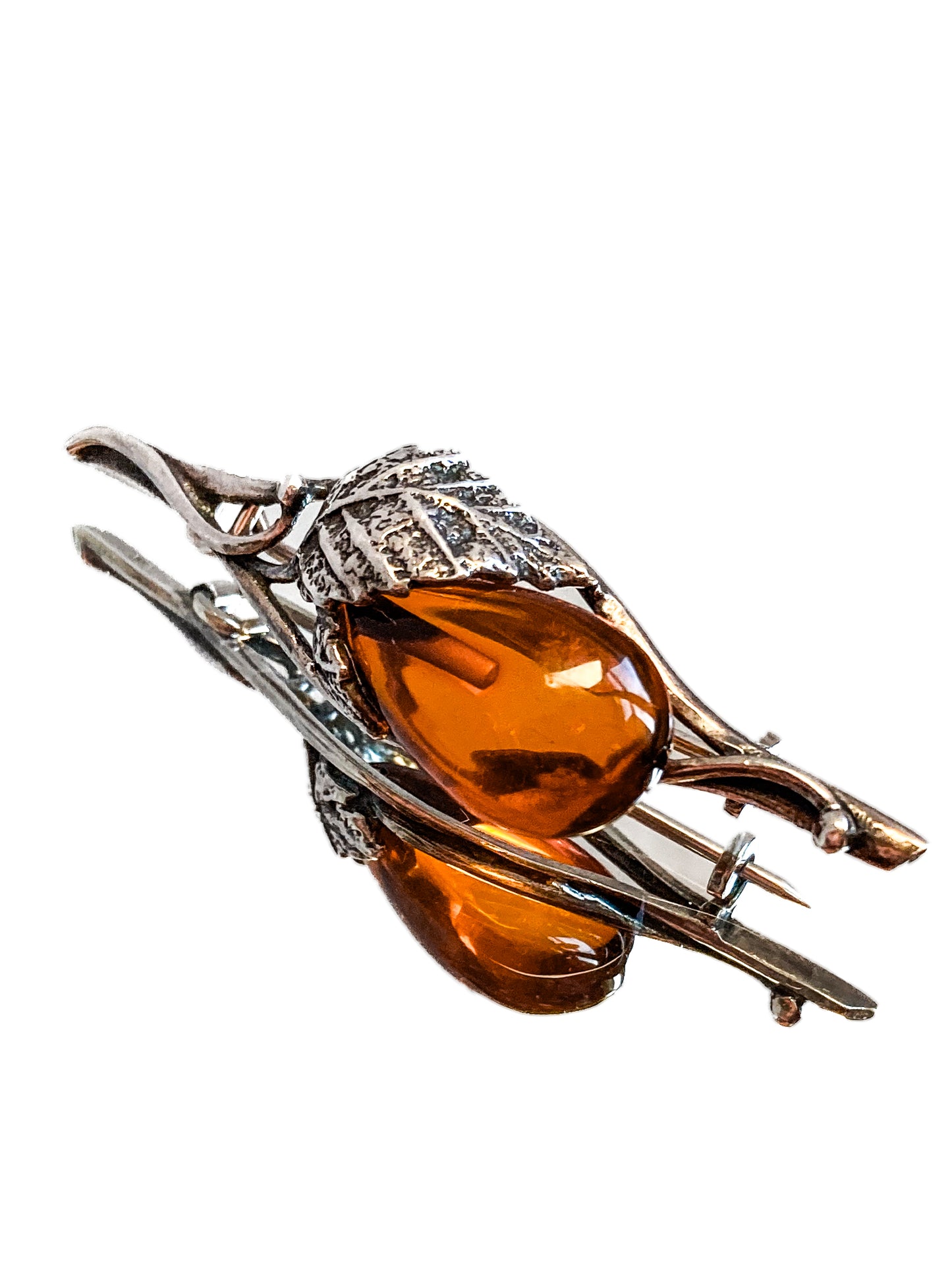 Vintage Sterling Silver Amber Drop Branch Fruit Leaves Brooch Bar Pin
