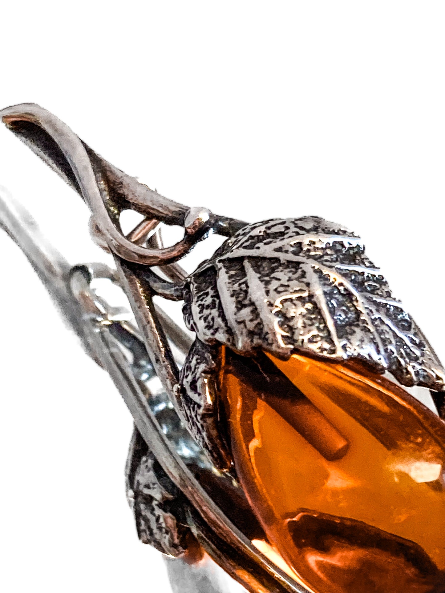 Vintage Sterling Silver Amber Drop Branch Fruit Leaves Brooch Bar Pin
