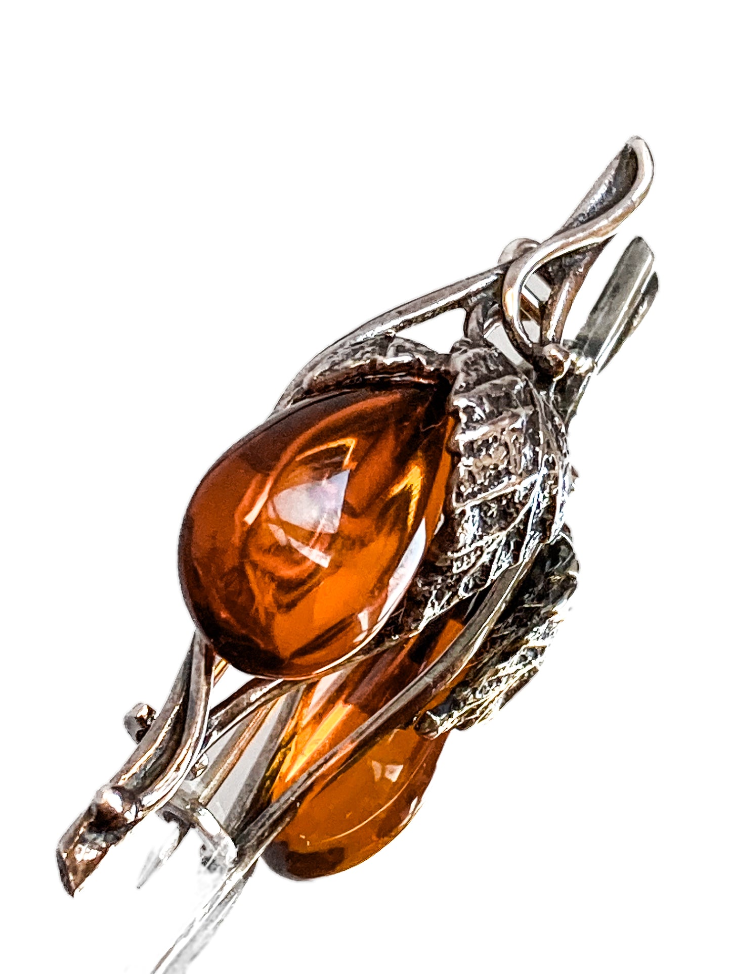 Vintage Sterling Silver Amber Drop Branch Fruit Leaves Brooch Bar Pin