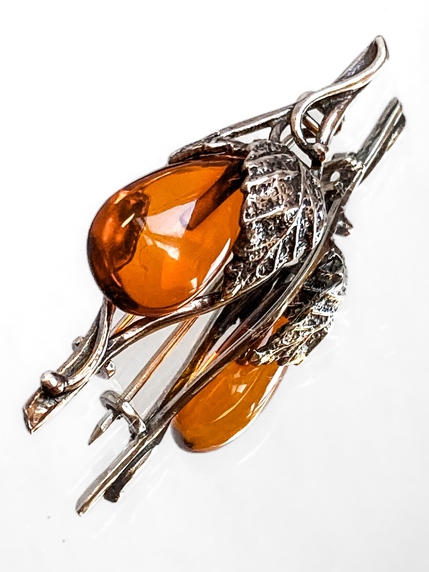 Vintage Sterling Silver Amber Drop Branch Fruit Leaves Brooch Bar Pin