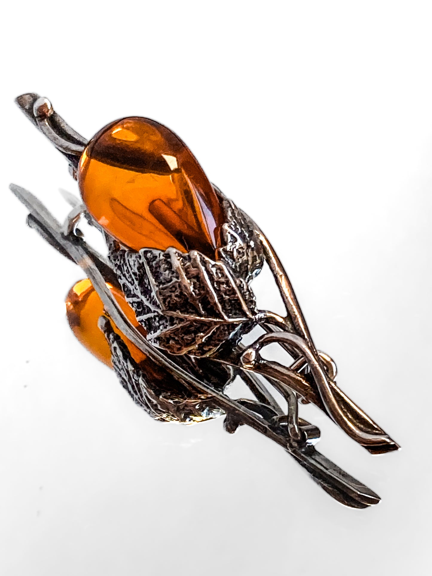 Vintage Sterling Silver Amber Drop Branch Fruit Leaves Brooch Bar Pin