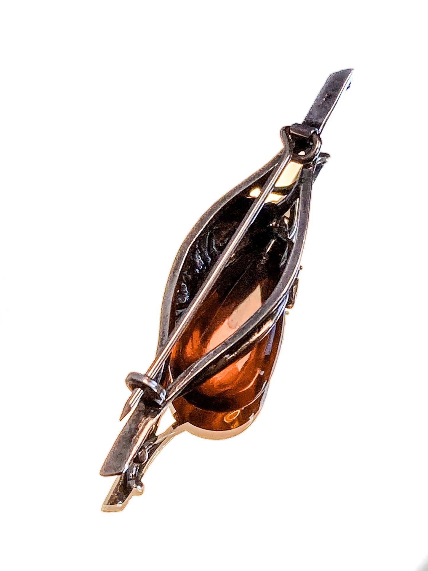 Vintage Sterling Silver Amber Drop Branch Fruit Leaves Brooch Bar Pin