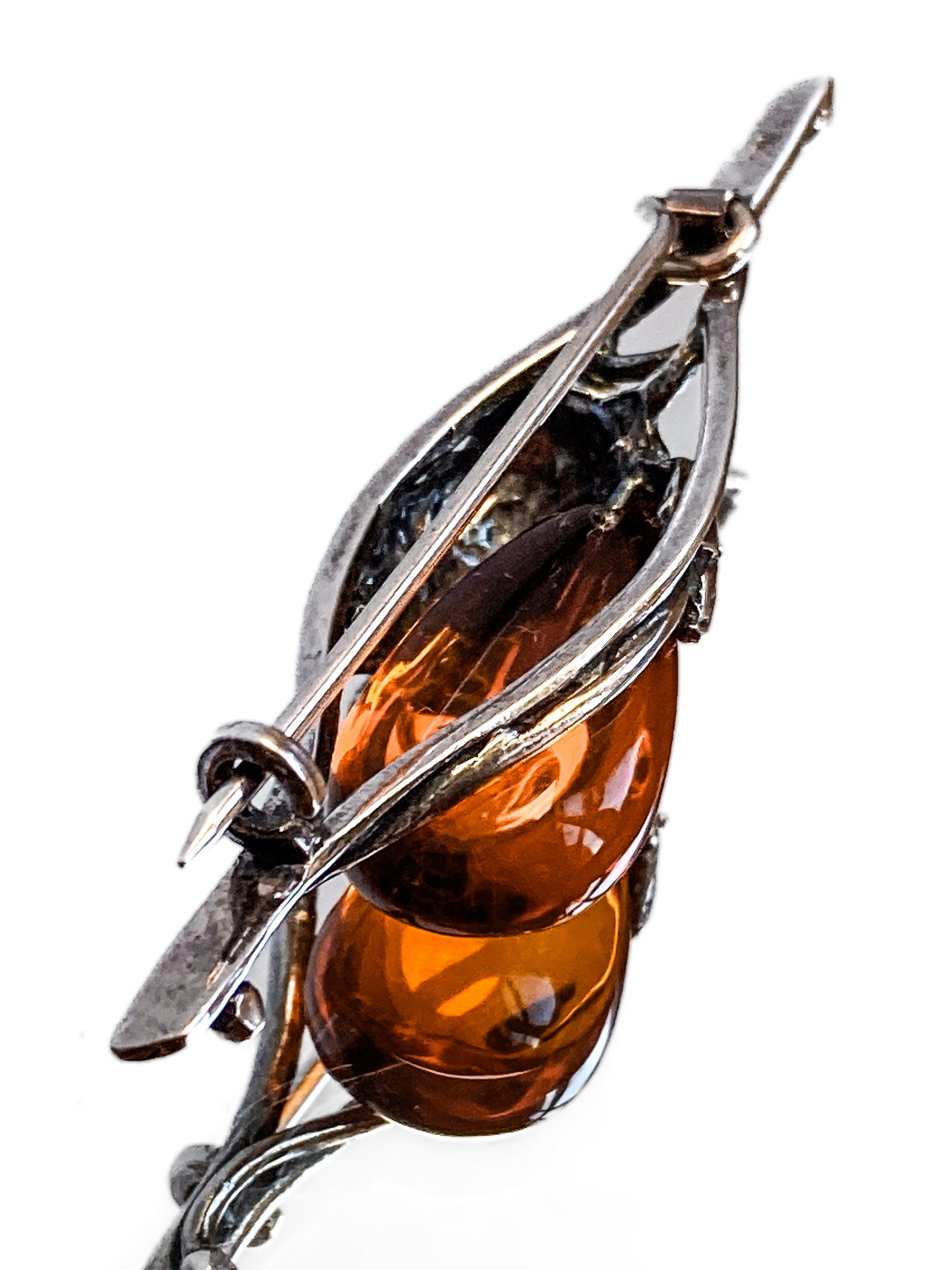 Vintage Sterling Silver Amber Drop Branch Fruit Leaves Brooch Bar Pin