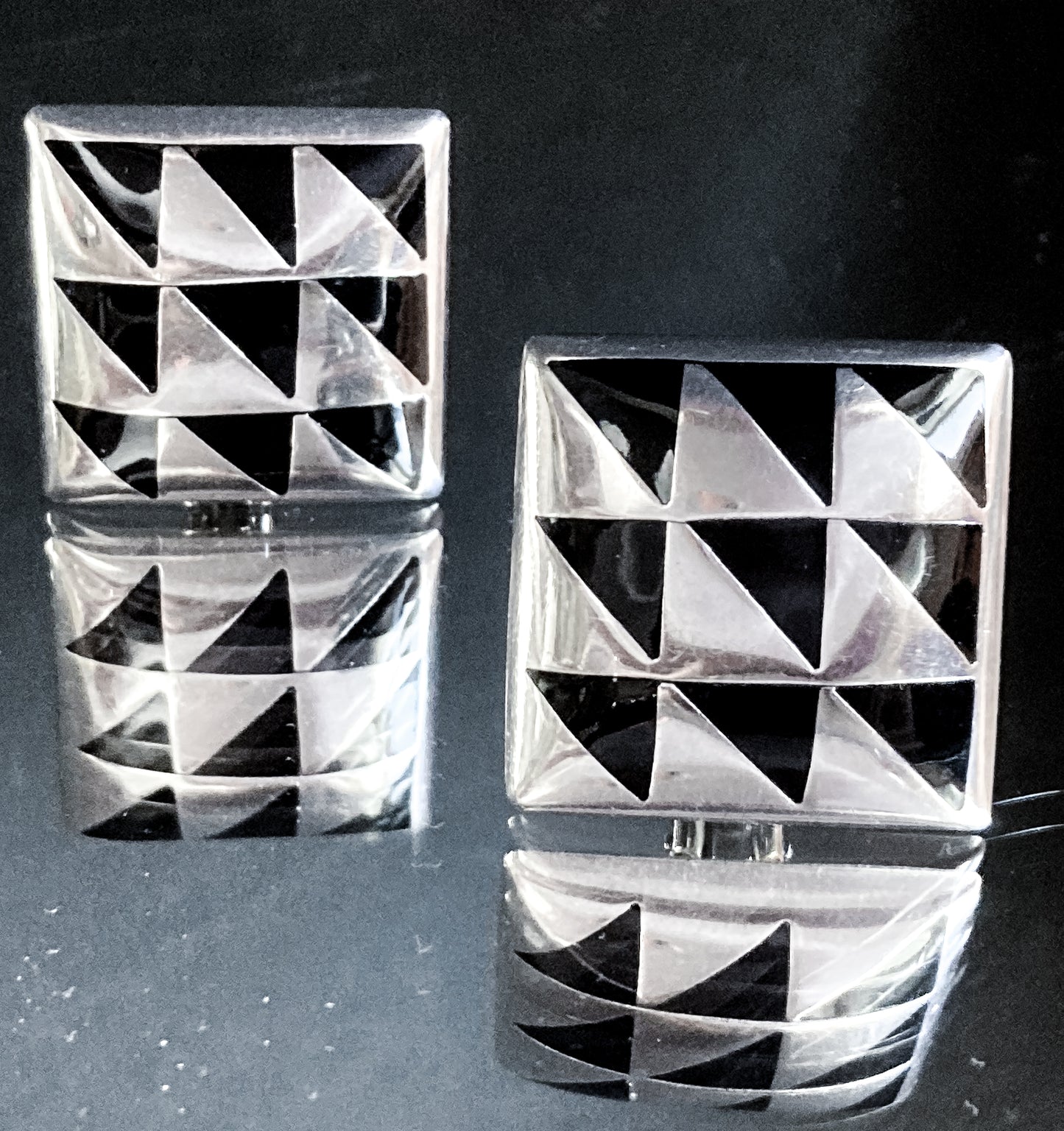 Vintage Abstract Contrast Black Sterling Silver Clip On Statement Earrings