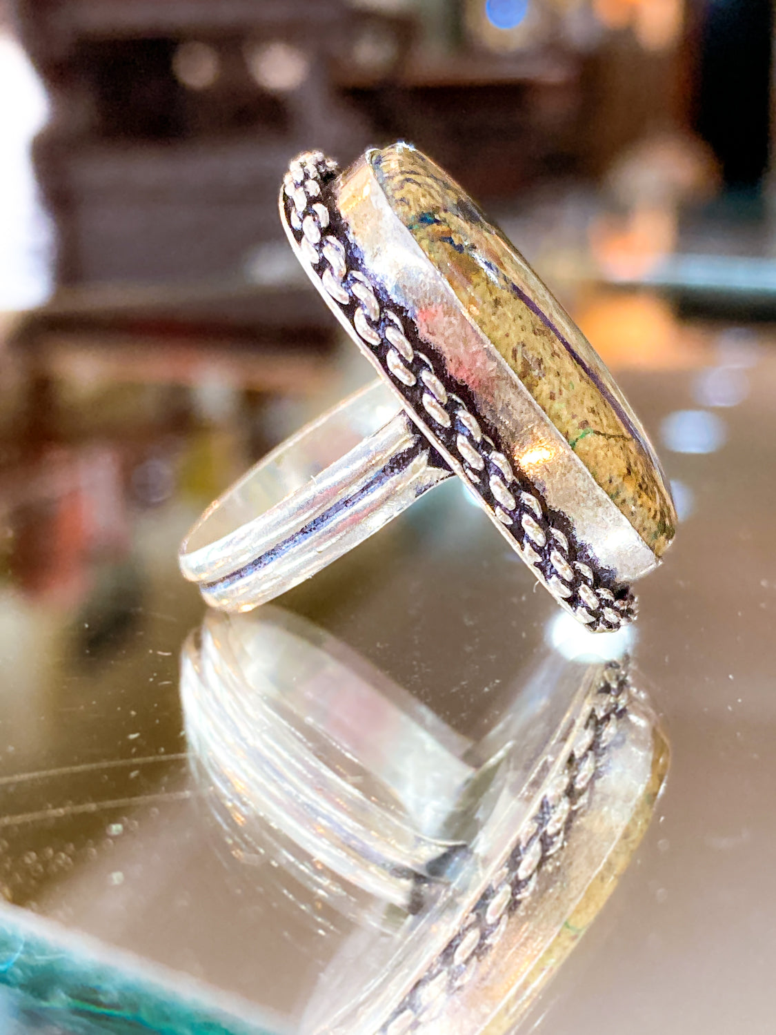 Vintage Sterling Silver Polished Jasper Square Natural Stone Ring