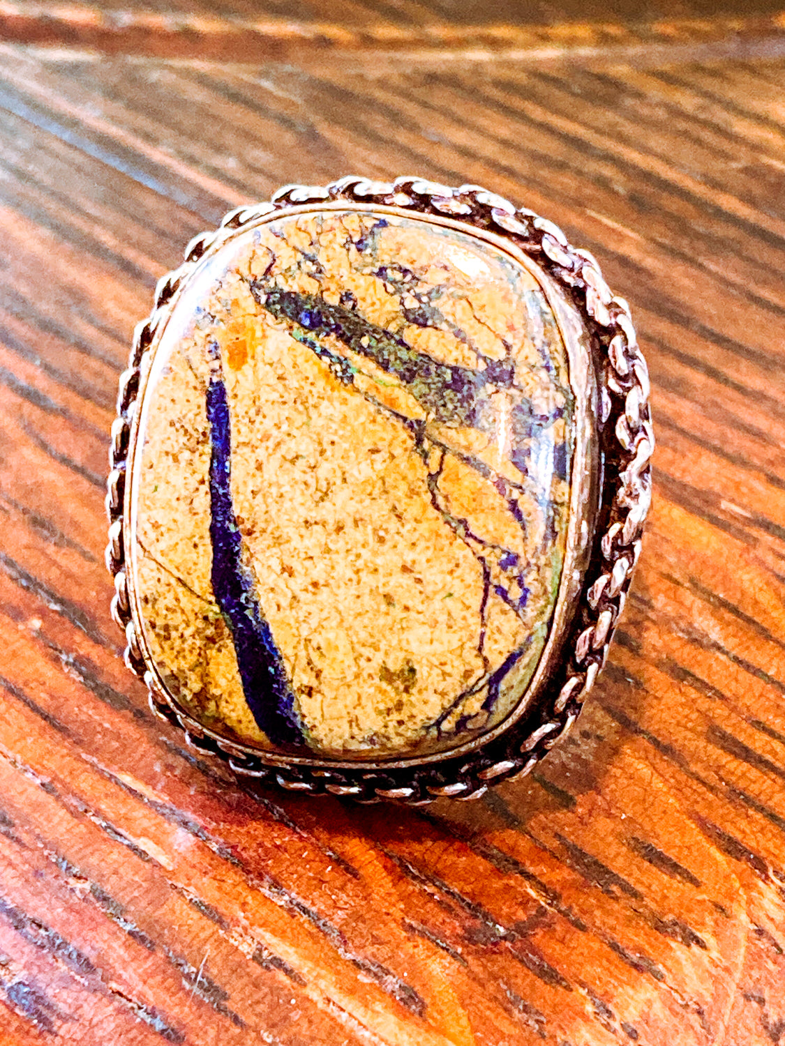 Vintage Sterling Silver Polished Jasper Square Natural Stone Ring