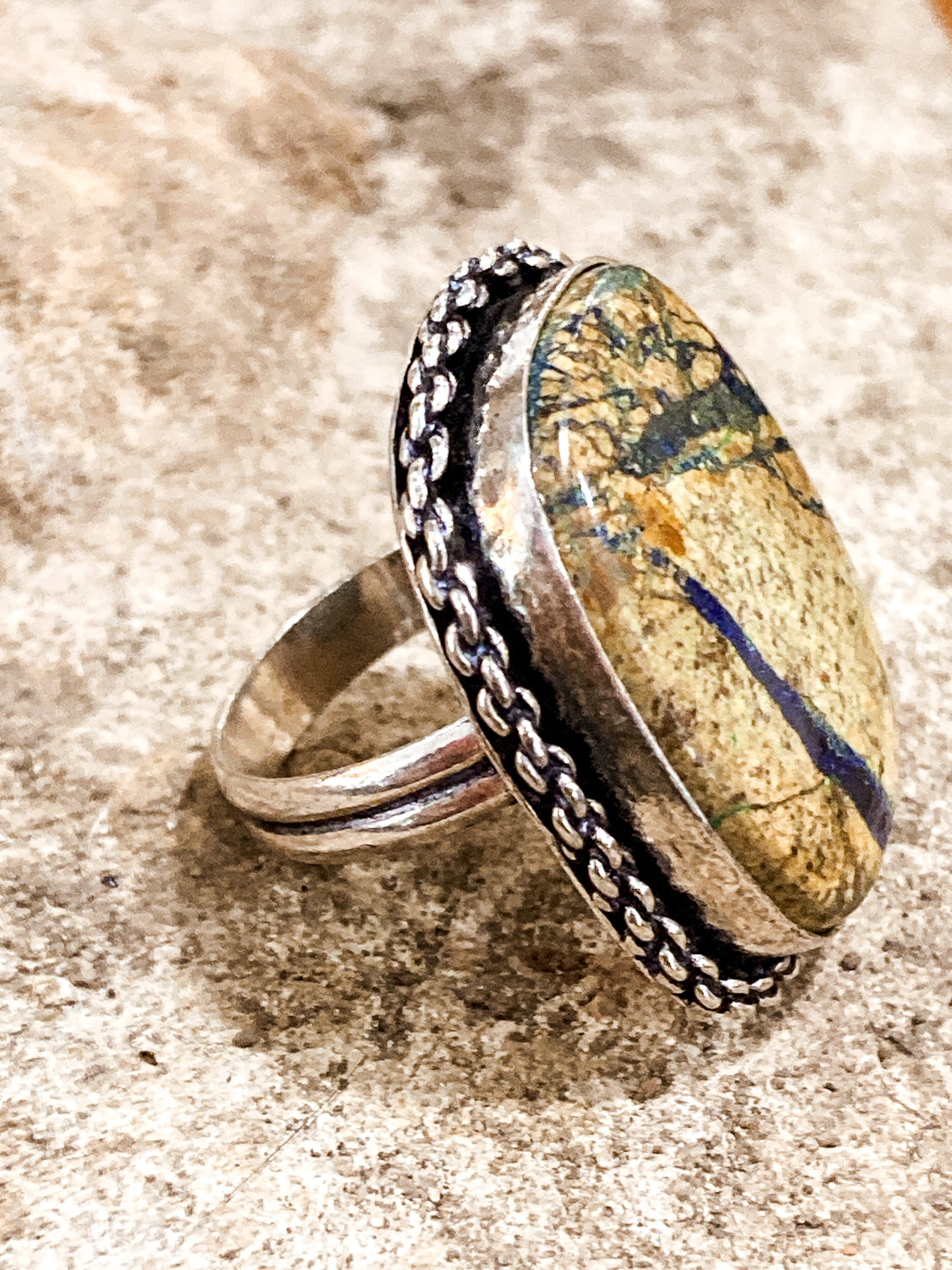 Vintage Sterling Silver Polished Jasper Square Natural Stone Ring