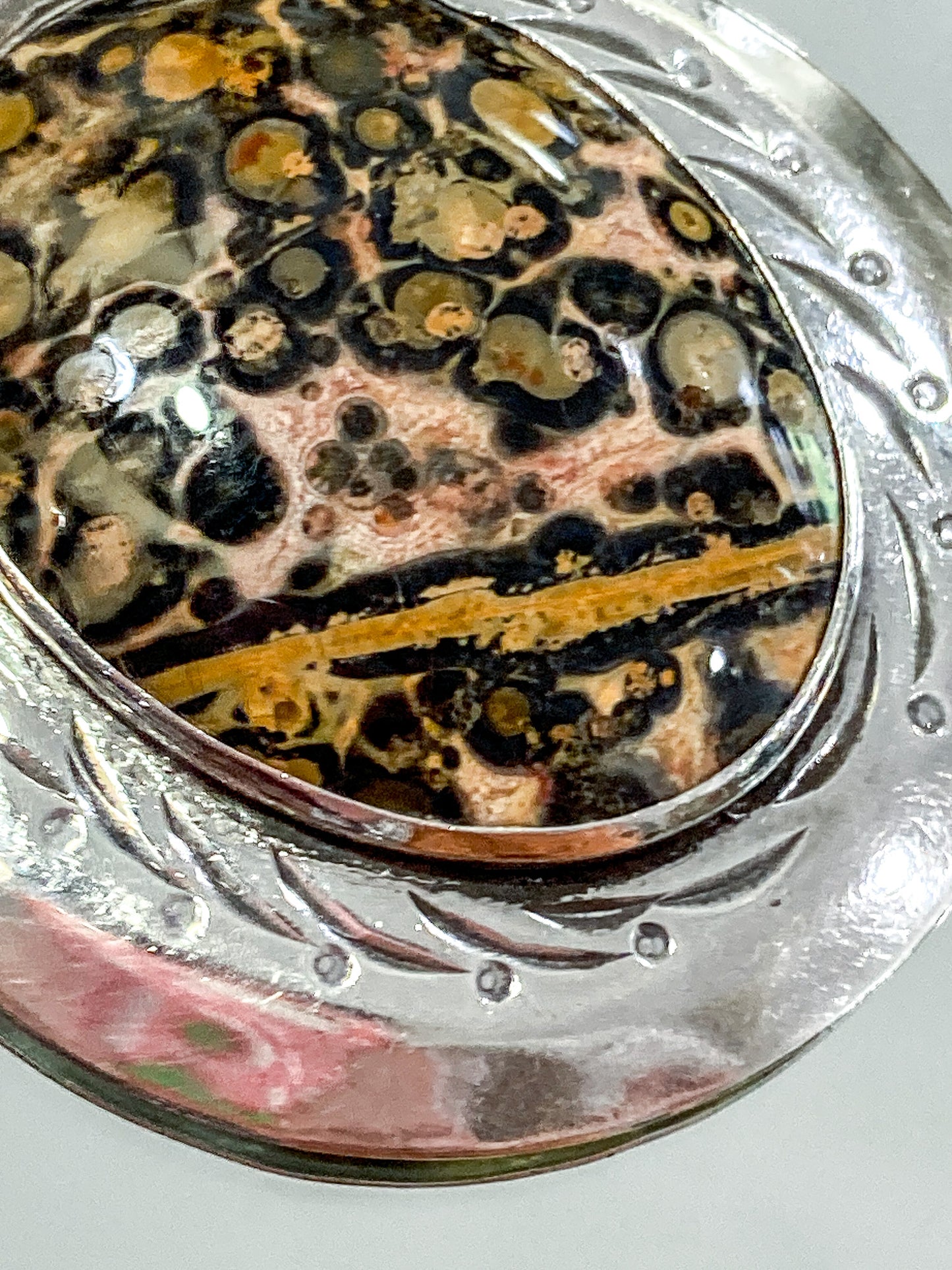 Vintage Sterling Silver Leopardskin Jasper Stone Statement Pendant