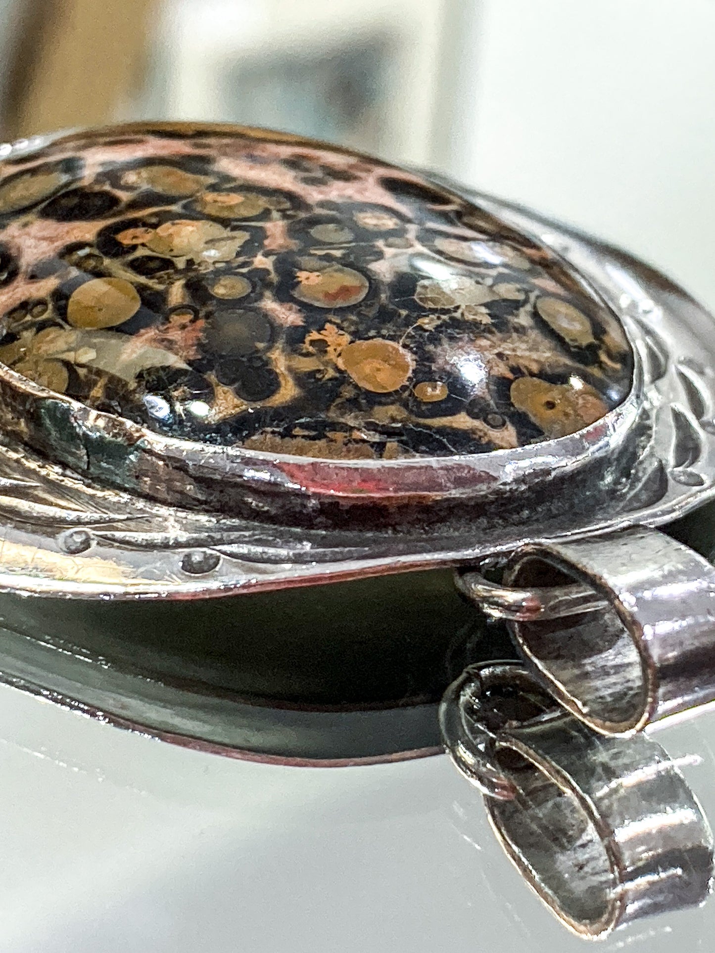Vintage Sterling Silver Leopardskin Jasper Stone Statement Pendant