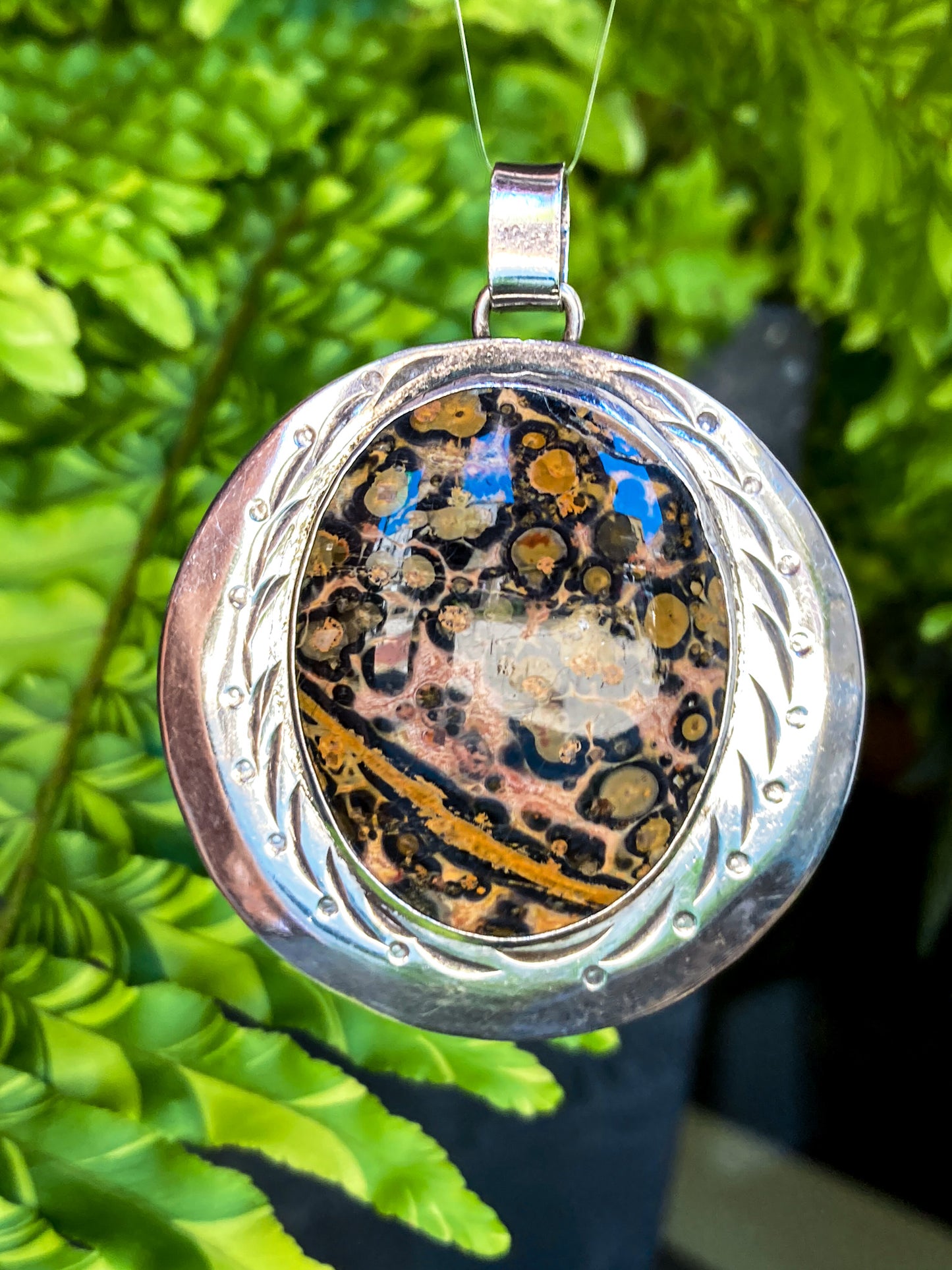Vintage Sterling Silver Leopardskin Jasper Stone Statement Pendant