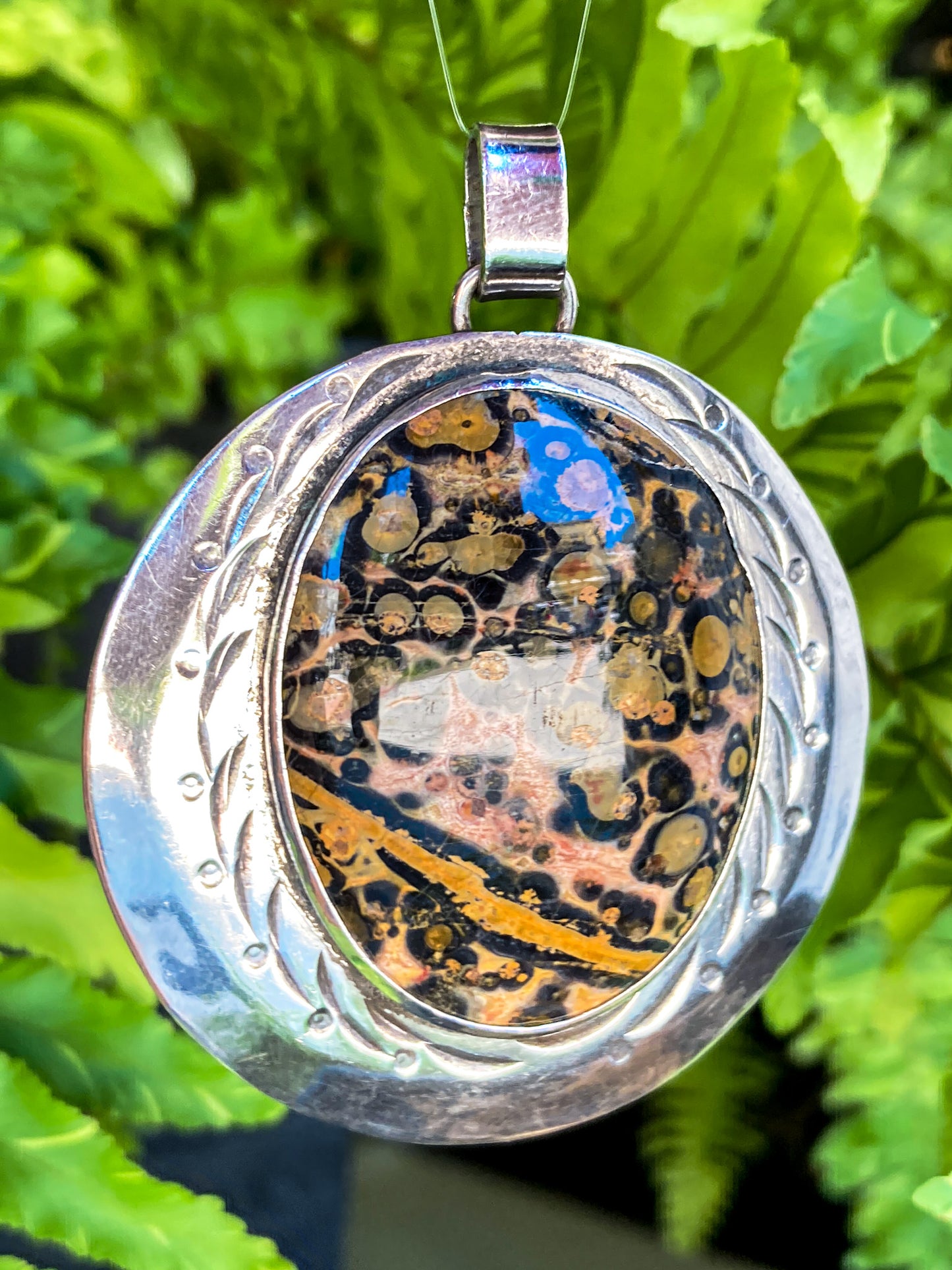 Vintage Sterling Silver Leopardskin Jasper Stone Statement Pendant