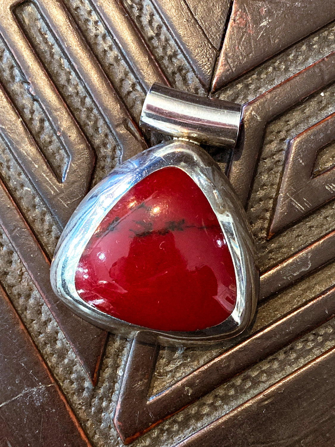 Vintage Sterling Silver Triangular Rounded Red Jasper Stone Pendant