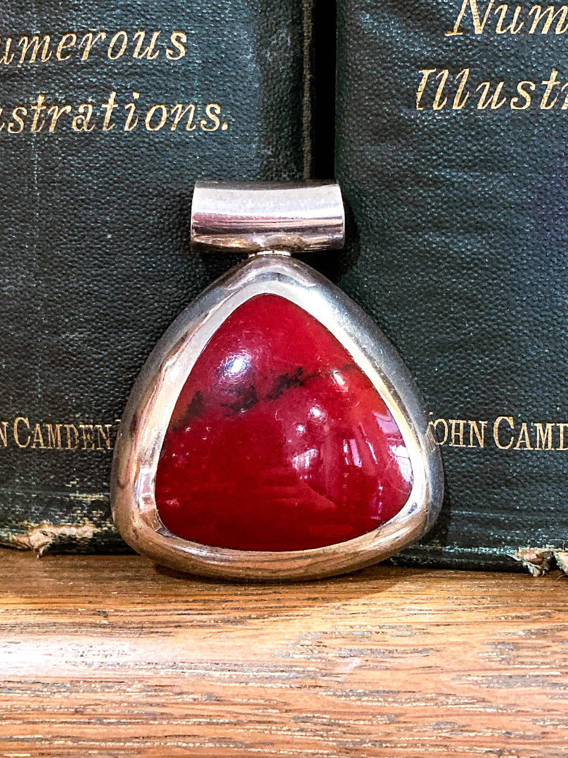 Vintage Sterling Silver Triangular Rounded Red Jasper Stone Pendant