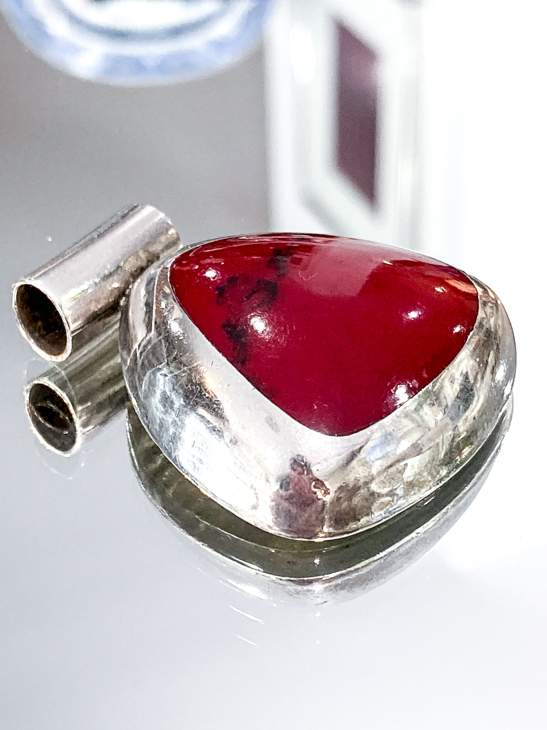 Vintage Sterling Silver Triangular Rounded Red Jasper Stone Pendant