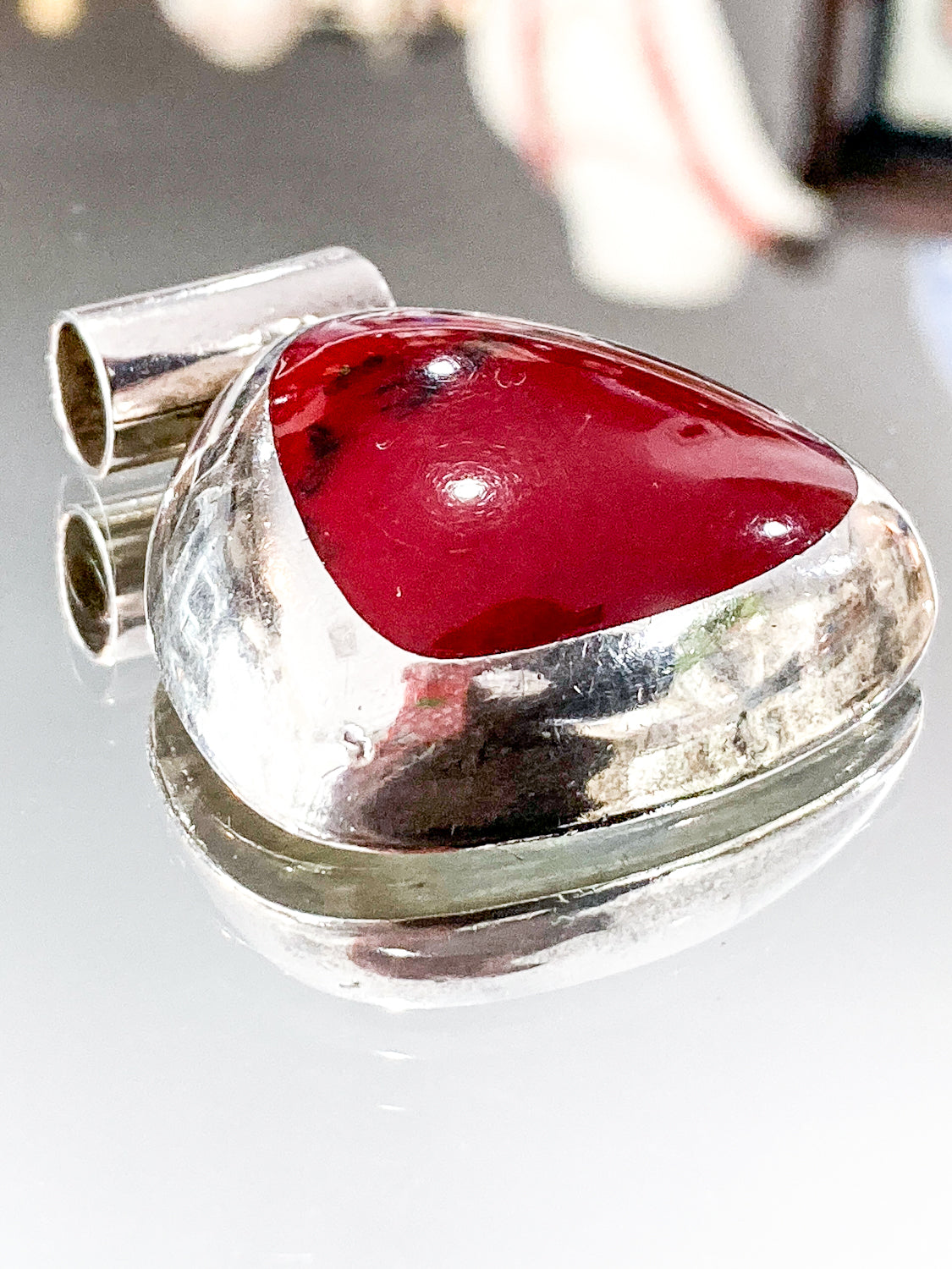 Vintage Sterling Silver Triangular Rounded Red Jasper Stone Pendant