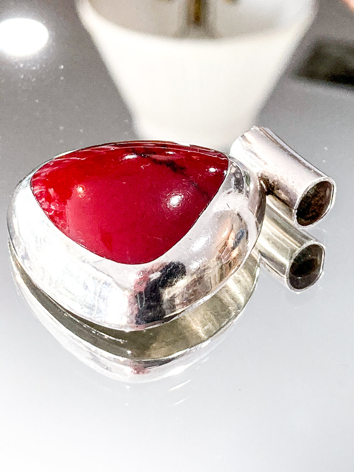 Vintage Sterling Silver Triangular Rounded Red Jasper Stone Pendant