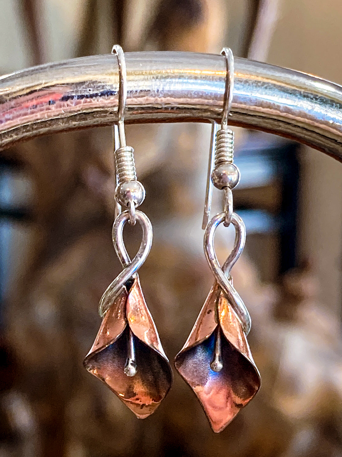 Artisan Stuart Nye Sterling Silver Copper Lily French Drop Dangle Earrings