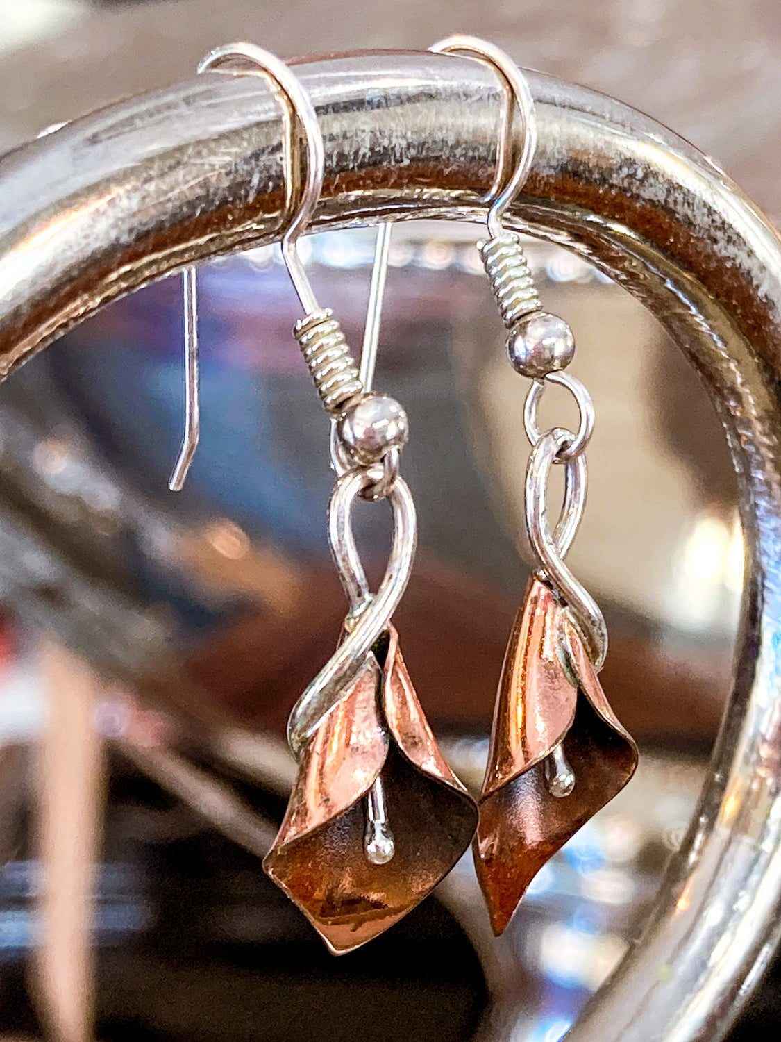 Artisan Stuart Nye Sterling Silver Copper Lily French Drop Dangle Earrings
