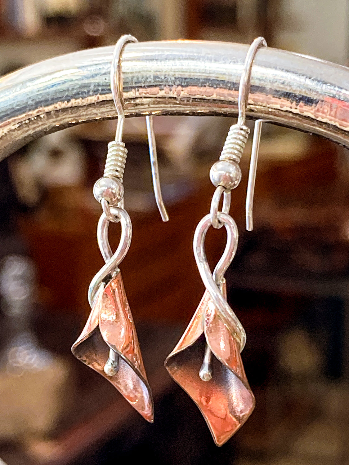 Artisan Stuart Nye Sterling Silver Copper Lily French Drop Dangle Earrings