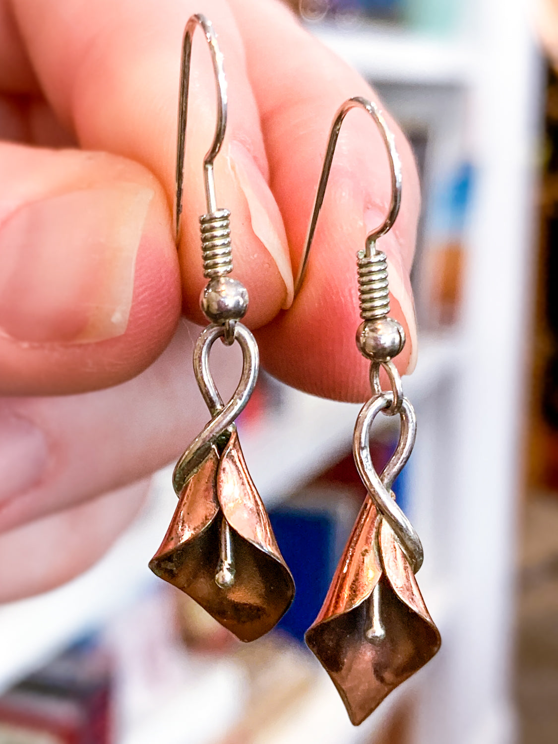 Artisan Stuart Nye Sterling Silver Copper Lily French Drop Dangle Earrings