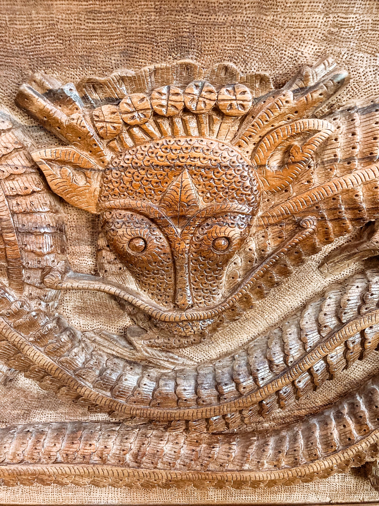 Pair of Intricately Hand Carved Relief Serpent Dragon Teak Wood Plaques Head Close Up Texture 1
