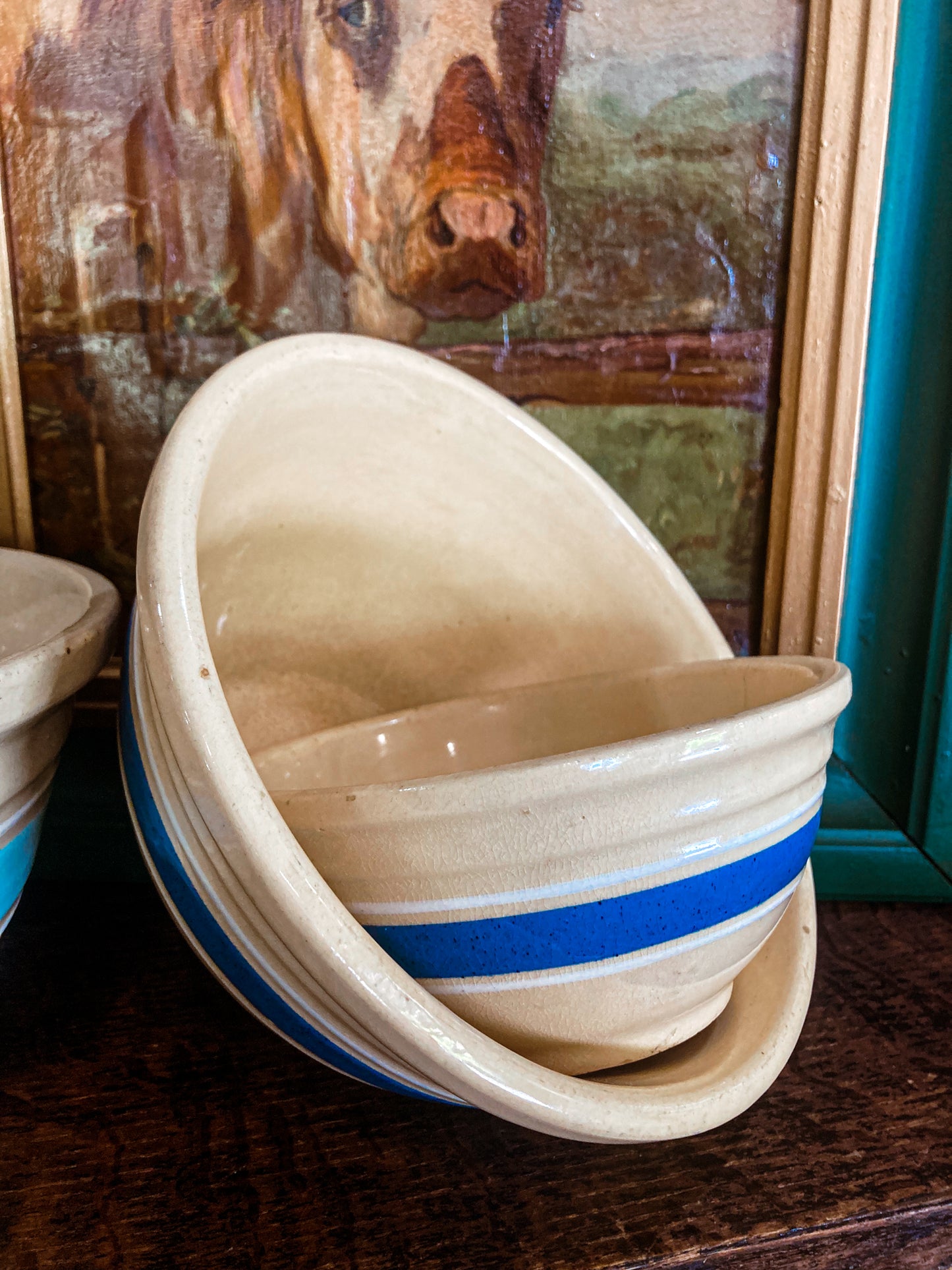 Vintage USA Made Watt Oven Ware Ceramic Blue White Cream 6” Mixing Bowl