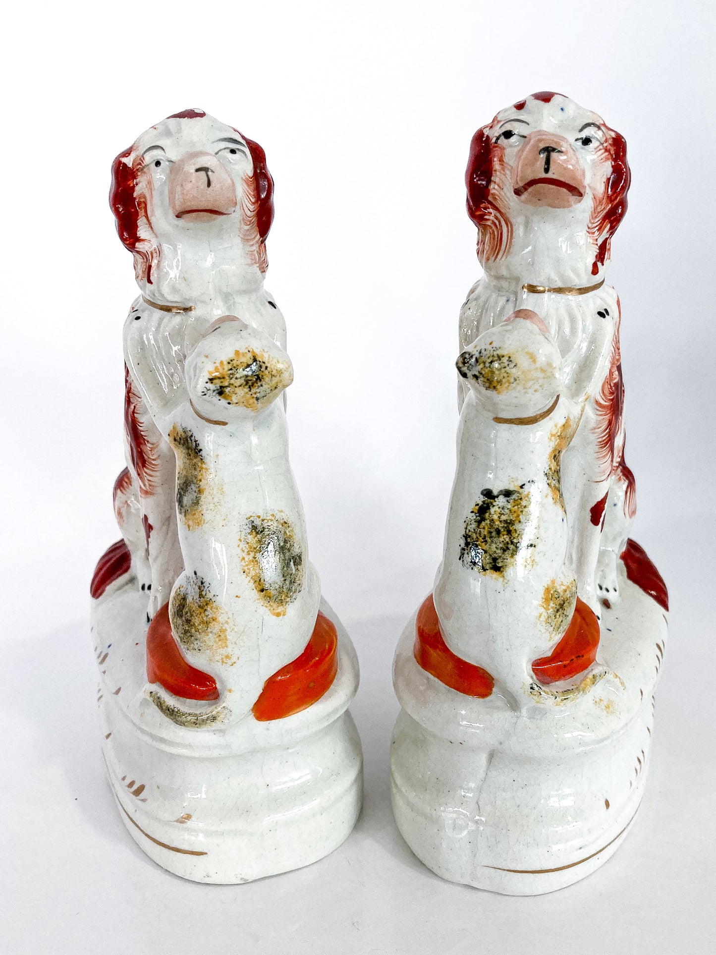 Antique Pair Rare Staffordshire Cat and Spaniel Dog Porcelain Figurines Front