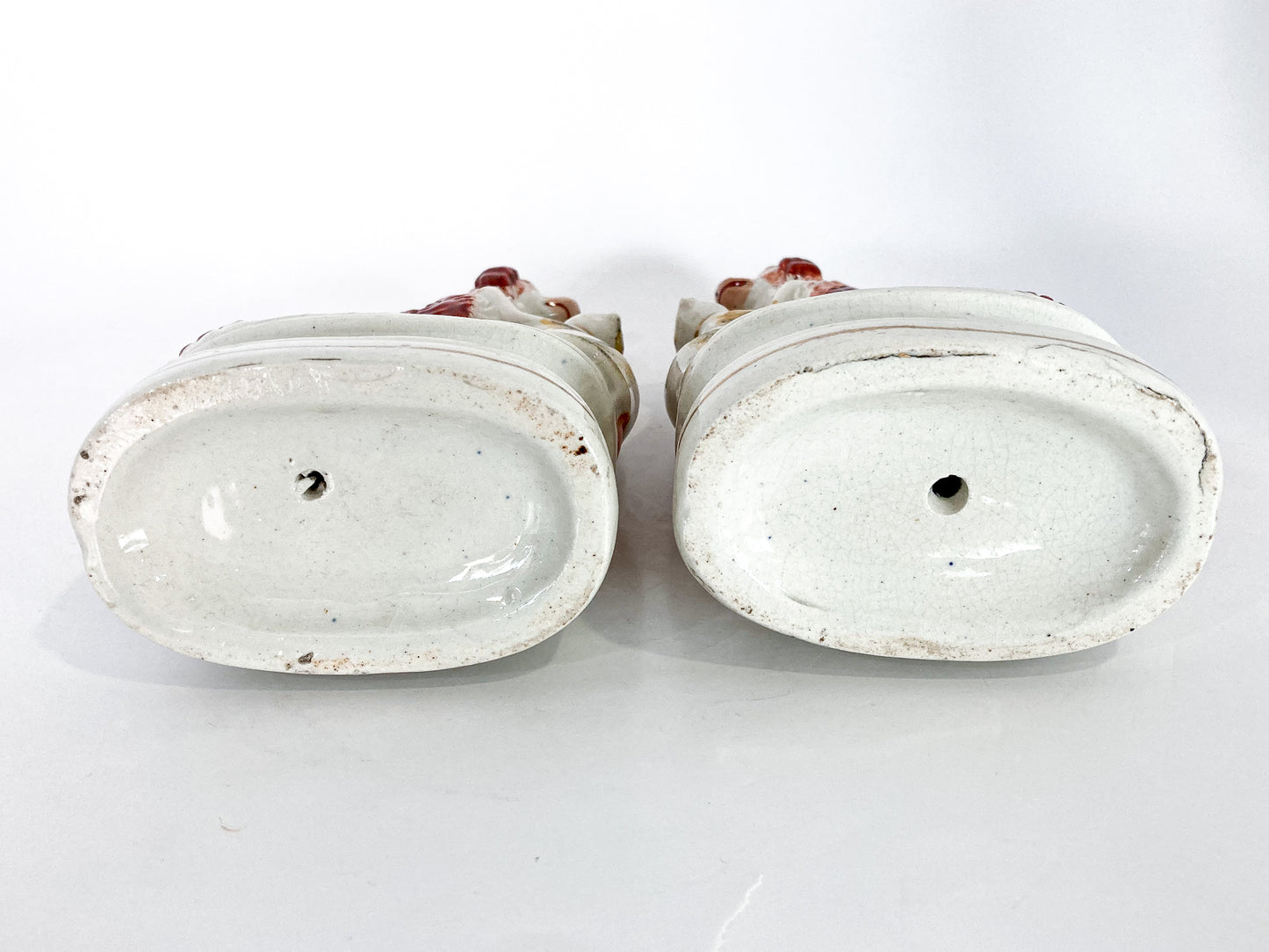 Antique Pair Rare Staffordshire Cat and Spaniel Dog Porcelain Figurines Bottom with Kiln Holes