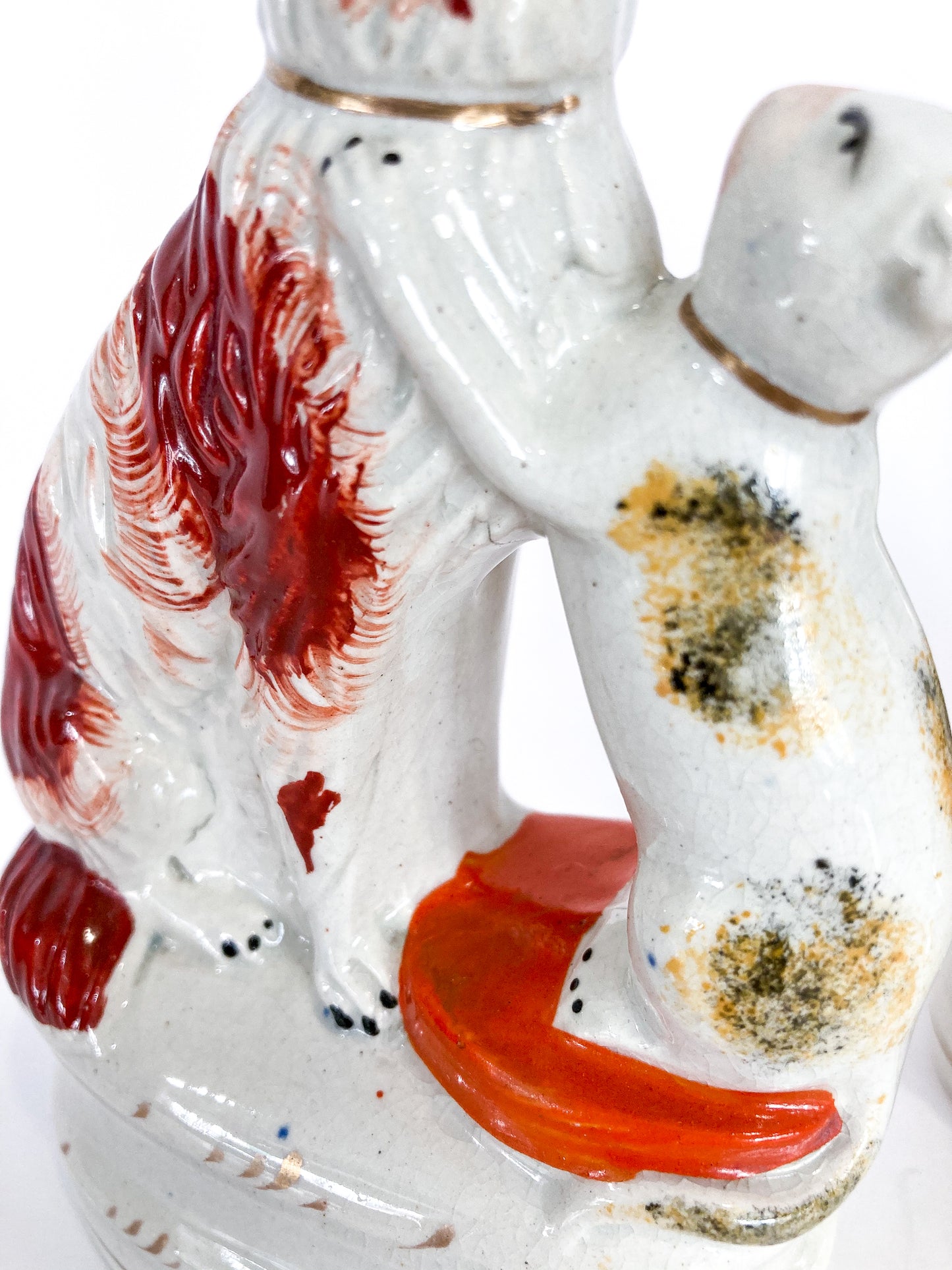 Antique Pair Rare Staffordshire Cat and Spaniel Dog Porcelain Figurines Close Up Body