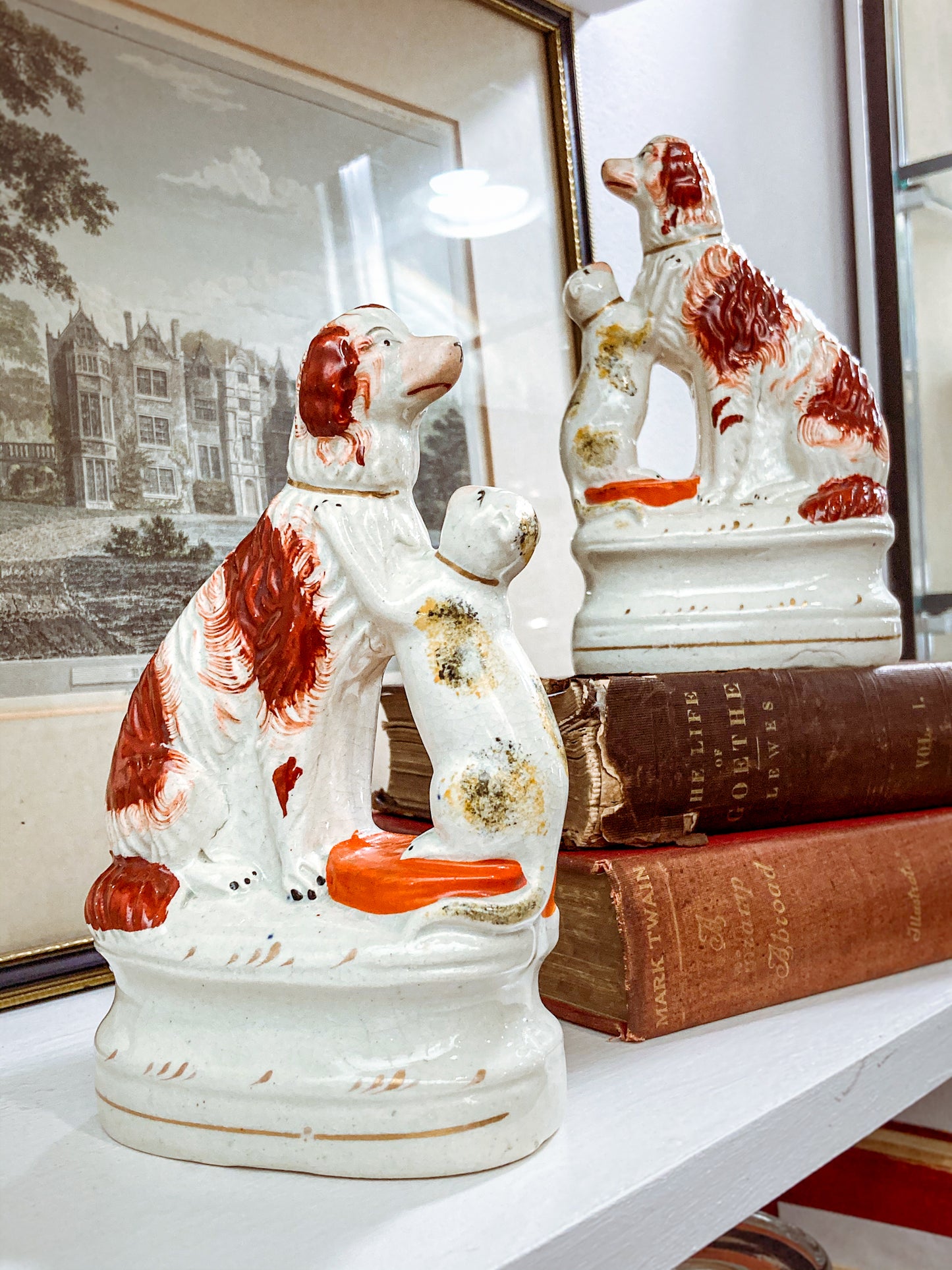 Antique Pair Rare Staffordshire Cat and Spaniel Dog Porcelain Figurines