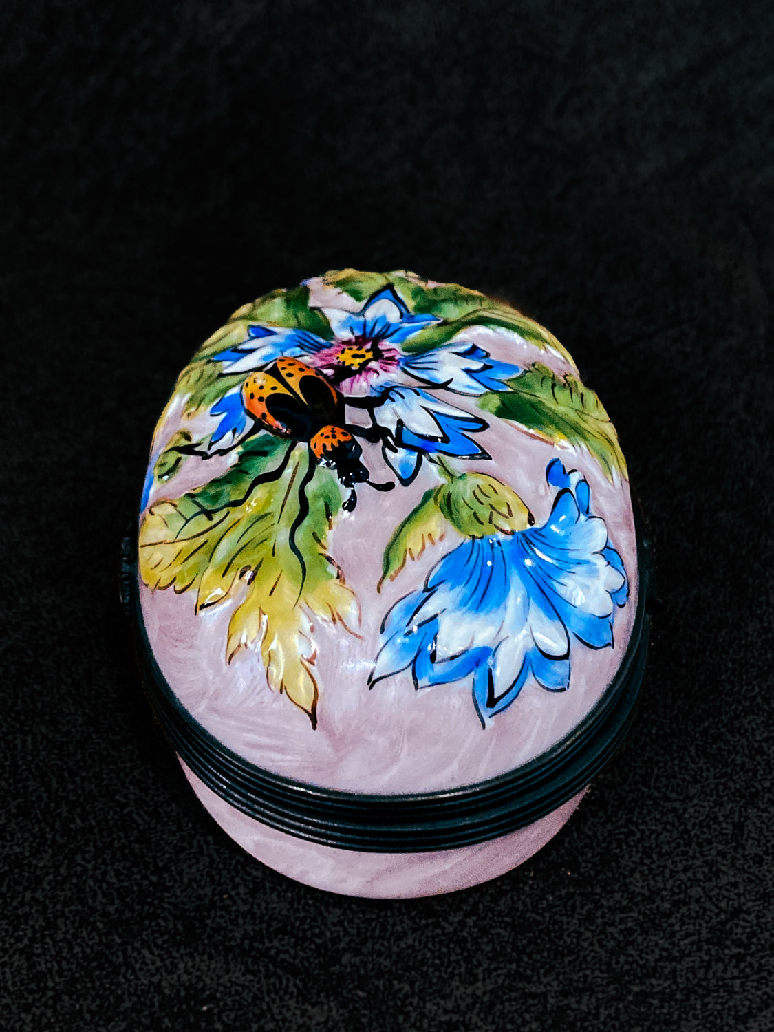 Limoges France Floral Beetle Pink Glass Style Oval Porcelain Pillbox 2