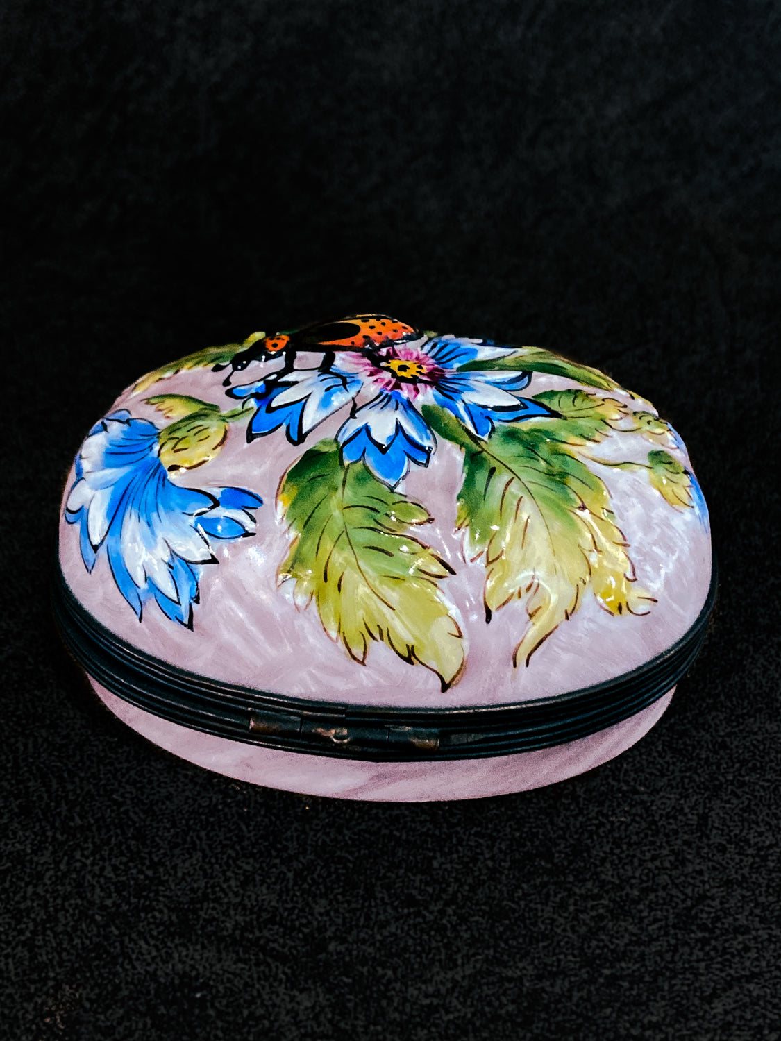 Limoges France Floral Beetle Pink Glass Style Oval Porcelain Pillbox Back