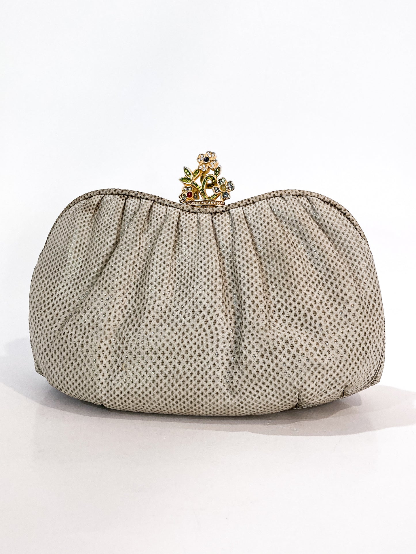 Vintage Judith Leiber Champagne Snakeskin Floral Clasp Crossbody Clutch Bag Side 1