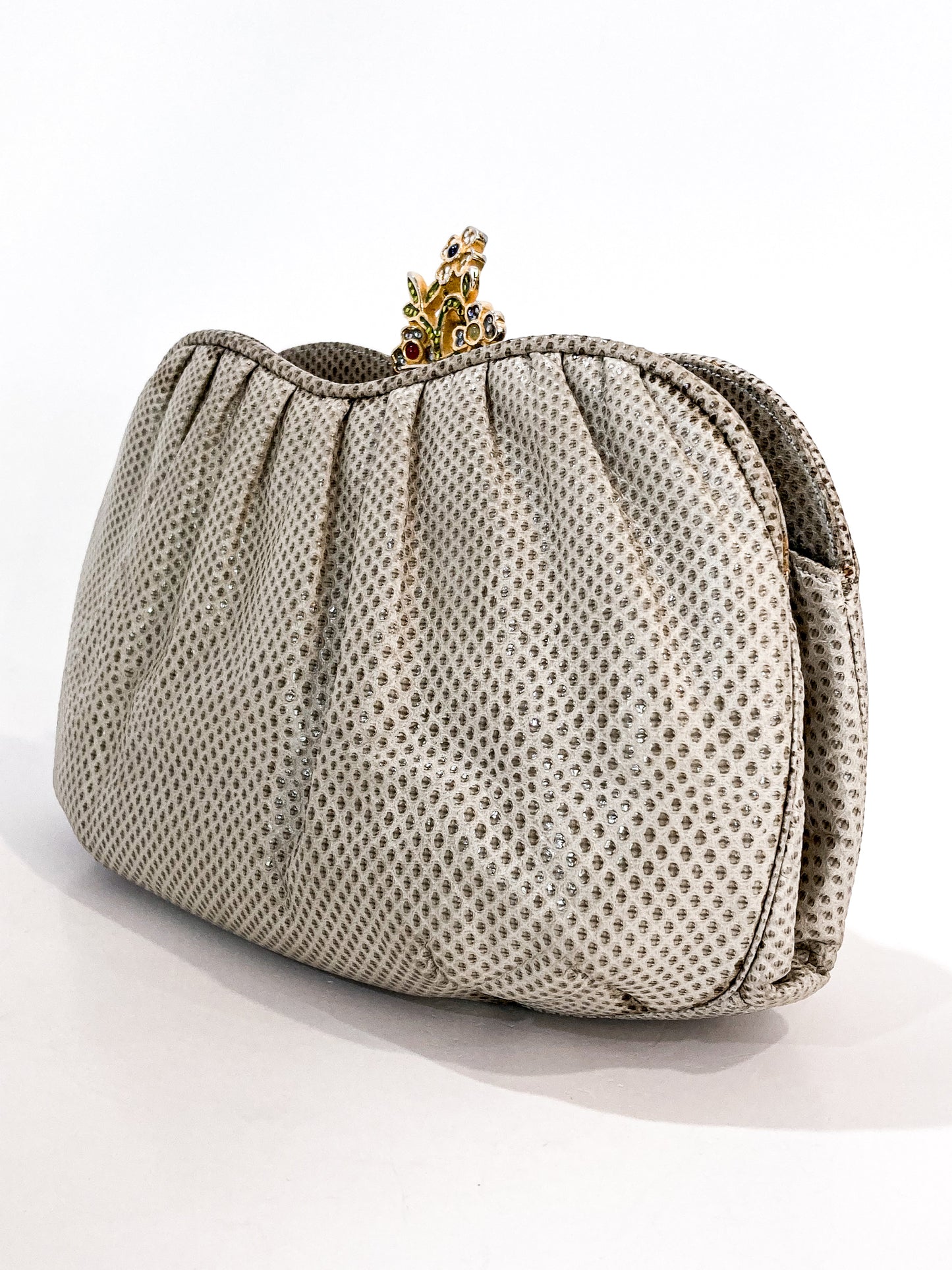 Vintage Judith Leiber Champagne Snakeskin Floral Clasp Crossbody Clutch Bag Slightly Angled