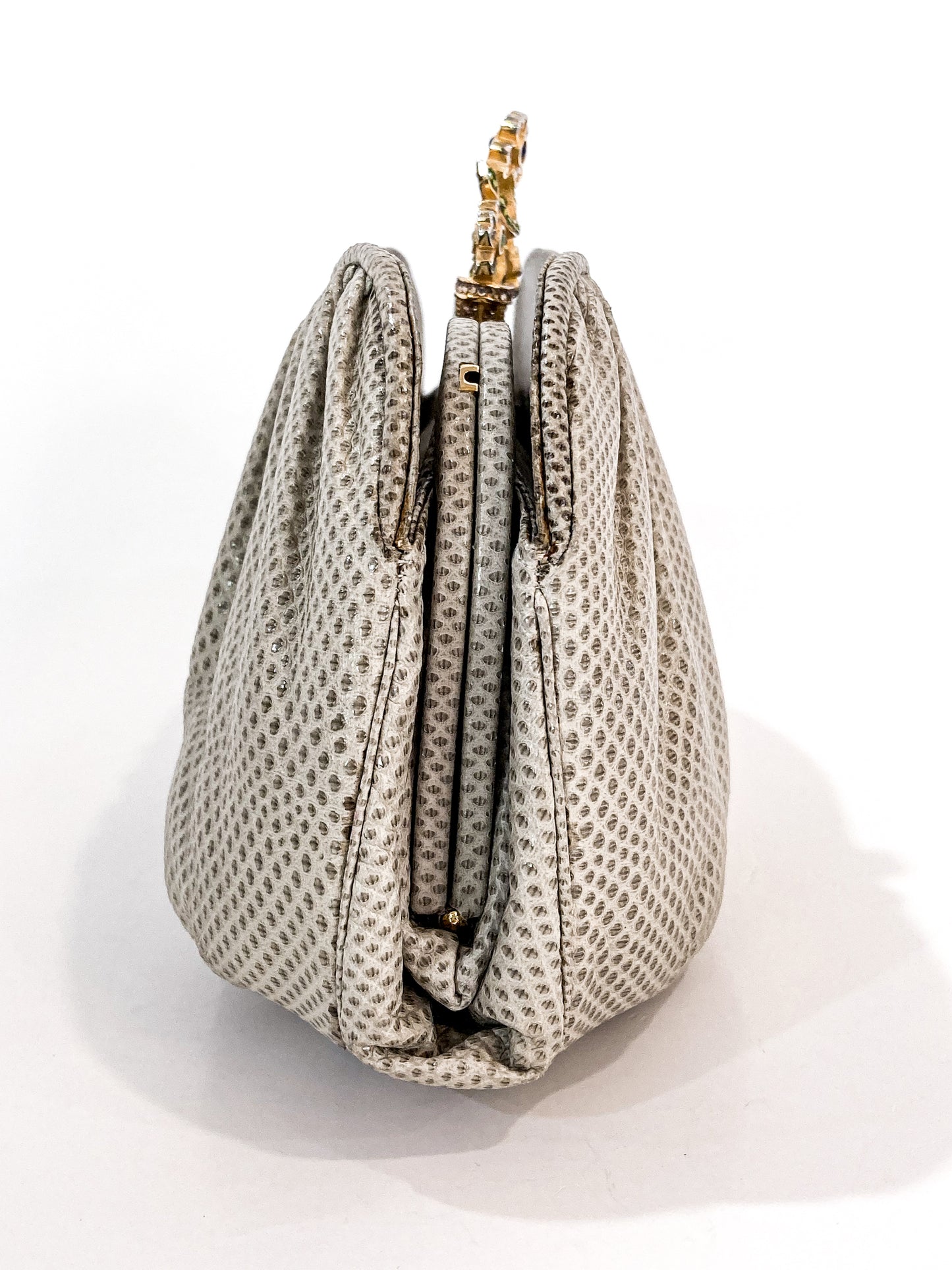 Vintage Judith Leiber Champagne Snakeskin Floral Clasp Crossbody Clutch Bag Side 2