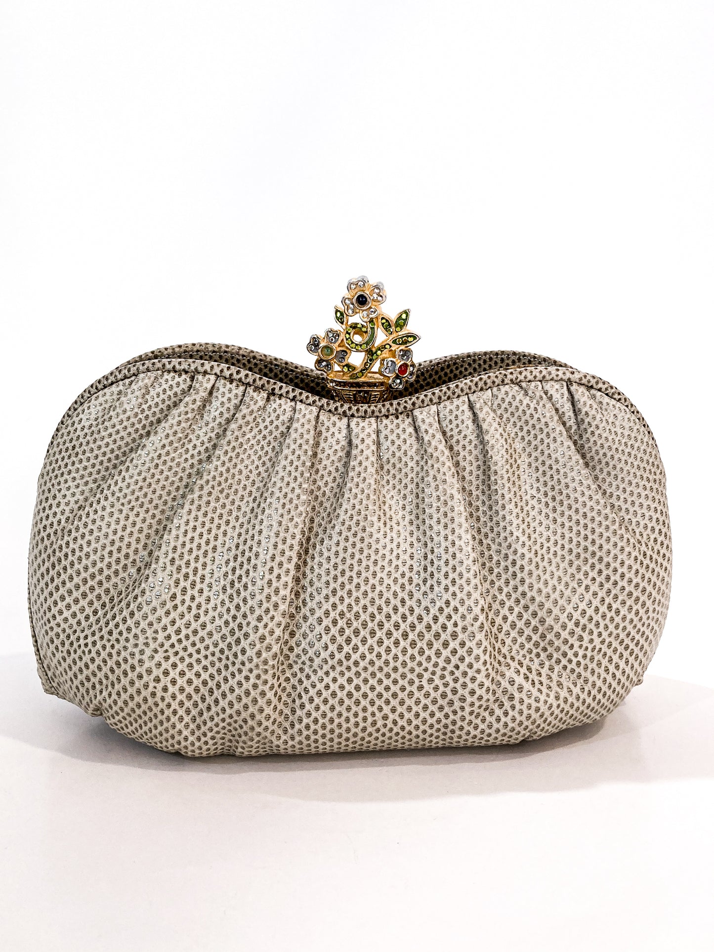 Vintage Judith Leiber Champagne Snakeskin Floral Clasp Crossbody Clutch Bag Back