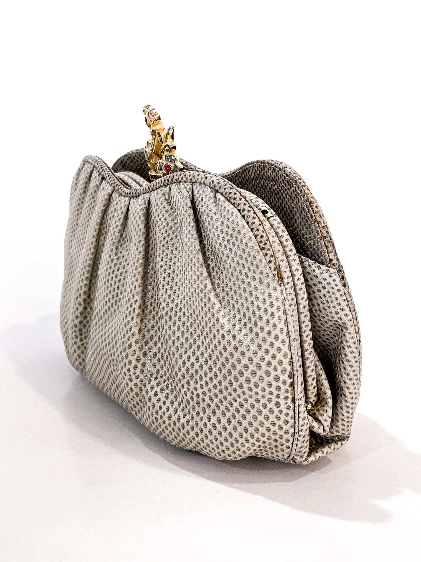 Vintage Judith Leiber Champagne Snakeskin Floral Clasp Crossbody Clutch Bag Slight ngle 2