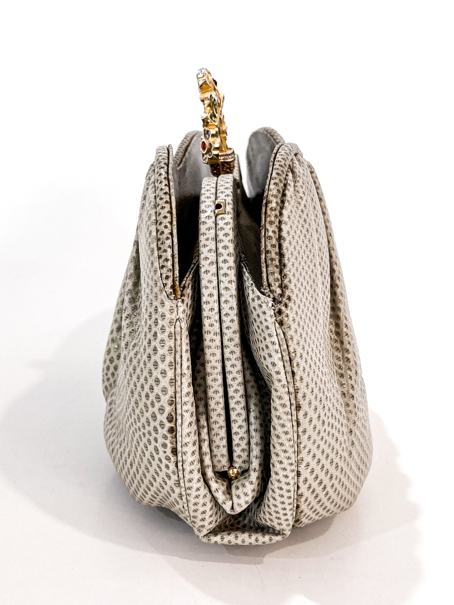 Vintage Judith Leiber Champagne Snakeskin Floral Clasp Crossbody Clutch Bag Side
