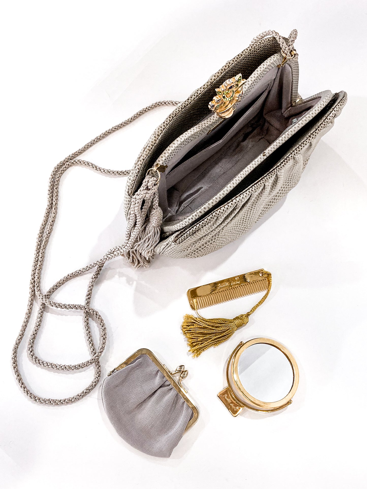 Vintage Judith Leiber Champagne Snakeskin Floral Clasp Crossbody Clutch Bag Open Items