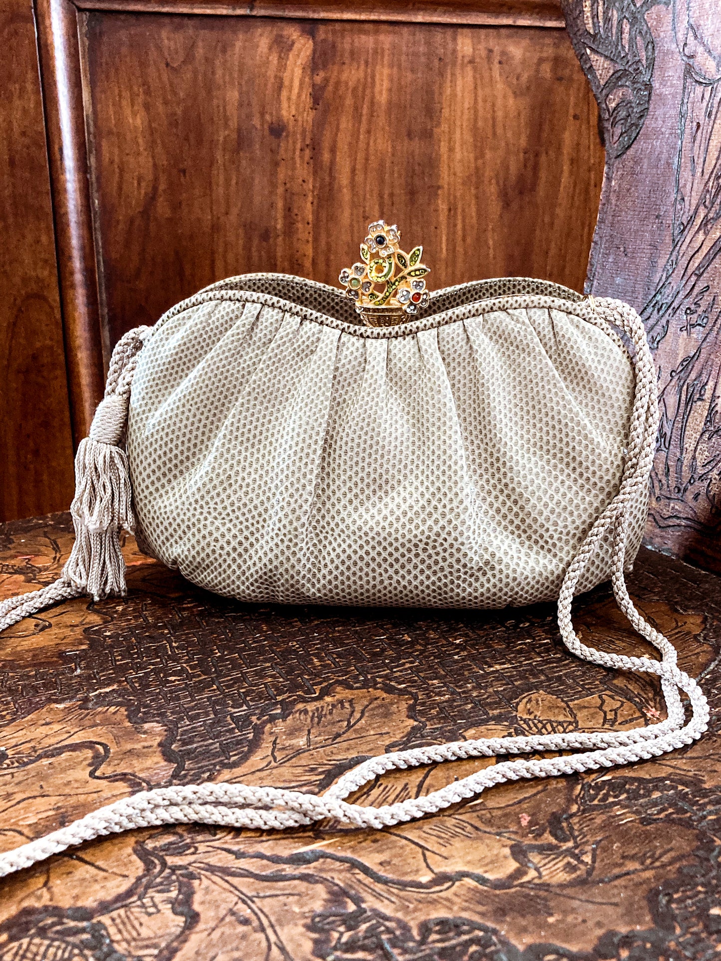Vintage Judith Leiber Champagne Snakeskin Floral Clasp Crossbody Clutch Bag