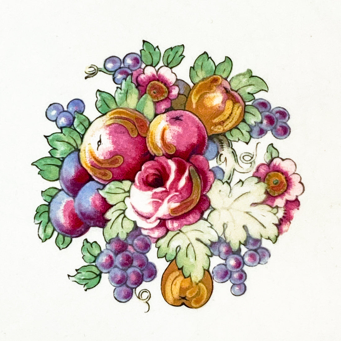 Set of Ten Vintage Crown Ducal Fruit and Flower Motif Square Florentine Dessert Salad Plates Close Up Center