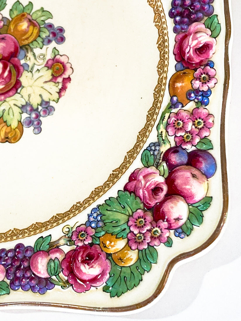 Set of Ten Vintage Crown Ducal Fruit and Flower Motif Square Florentine Dessert Salad Plates Close Up Corner