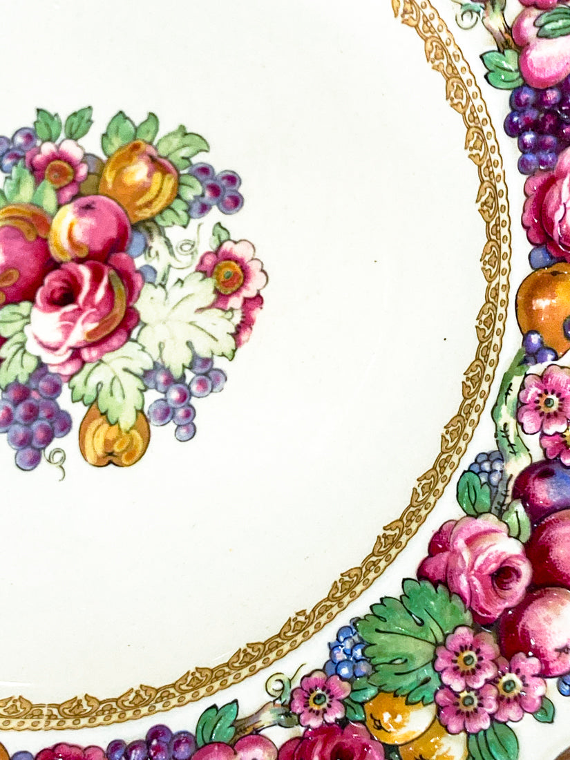Set of Ten Vintage Crown Ducal Fruit and Flower Motif Square Florentine Dessert Salad Plates Close Up Detail