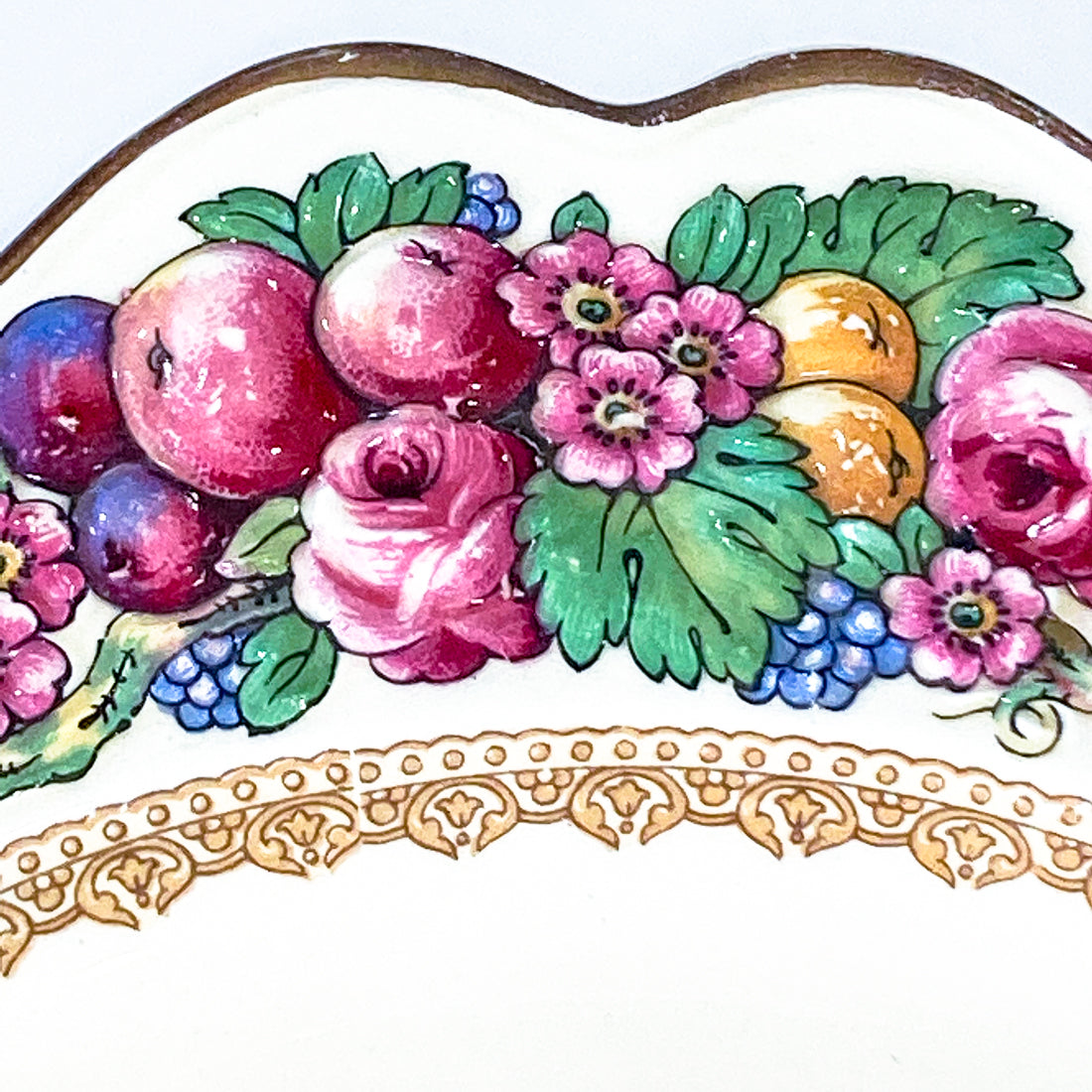 Set of Ten Vintage Crown Ducal Fruit and Flower Motif Square Florentine Dessert Salad Plates Close Up Edge