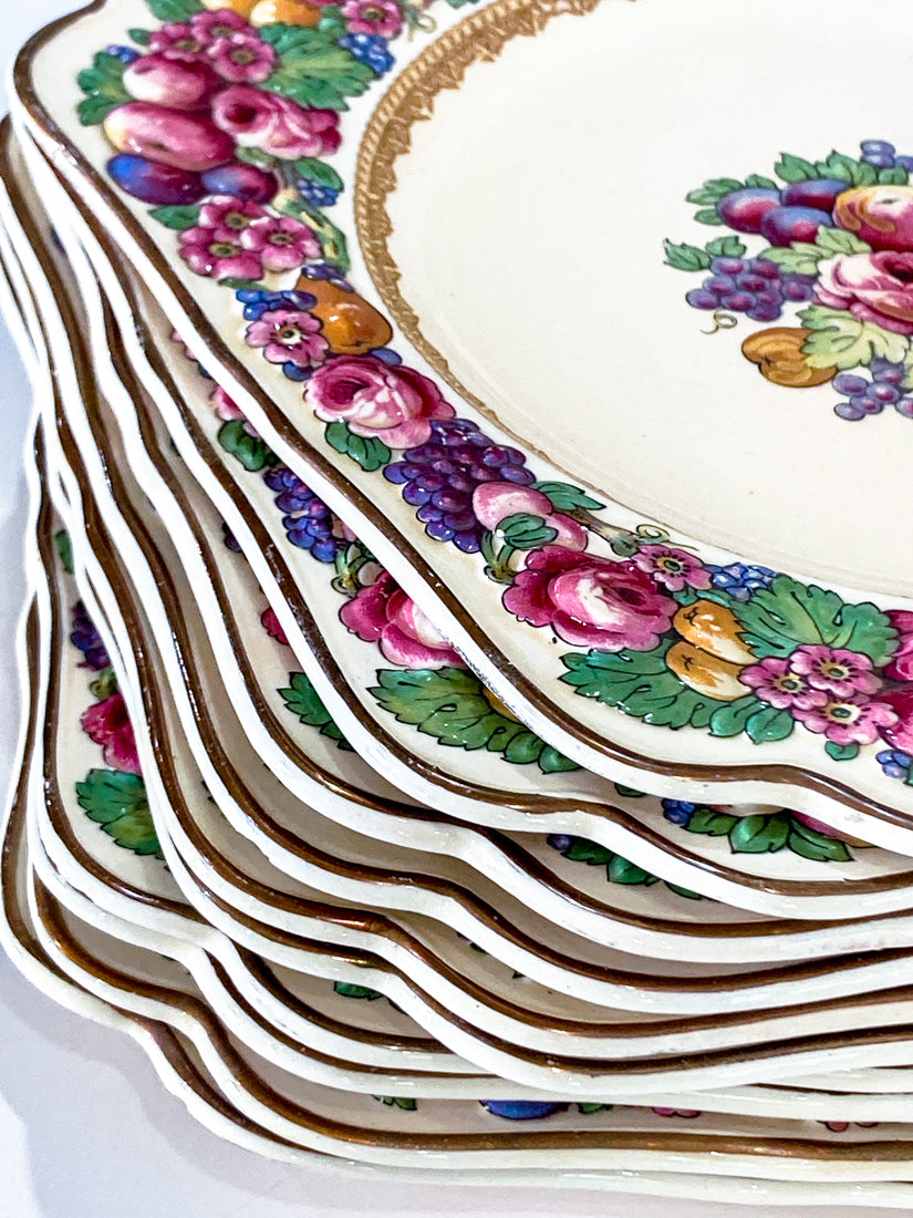 Set of Ten Vintage Crown Ducal Fruit and Flower Motif Square Florentine Dessert Salad Plates Corners