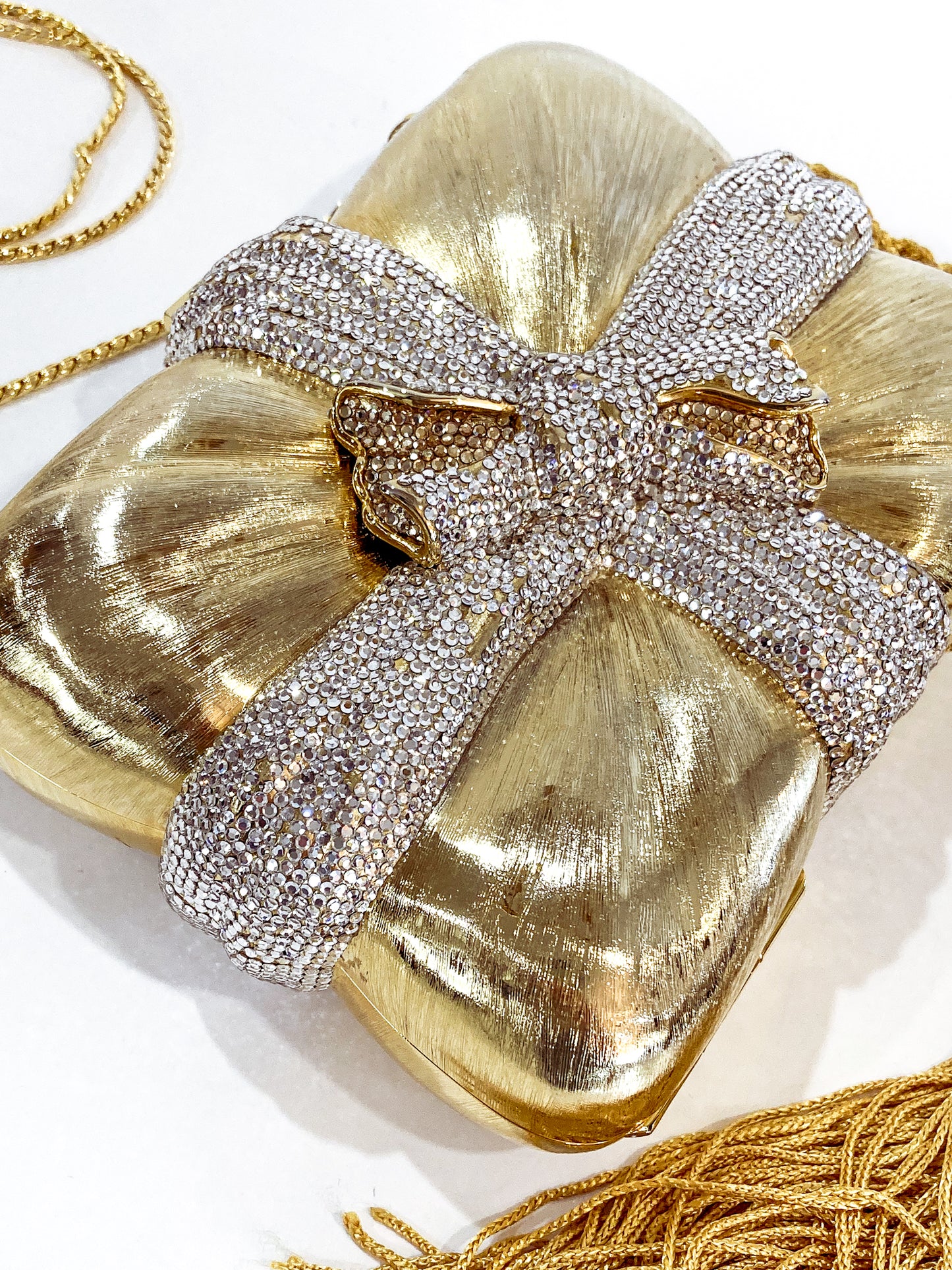 Vintage Judith Leiber Swarovski Crystal Gold Present Large Tassel Crossbody Clutch Bag